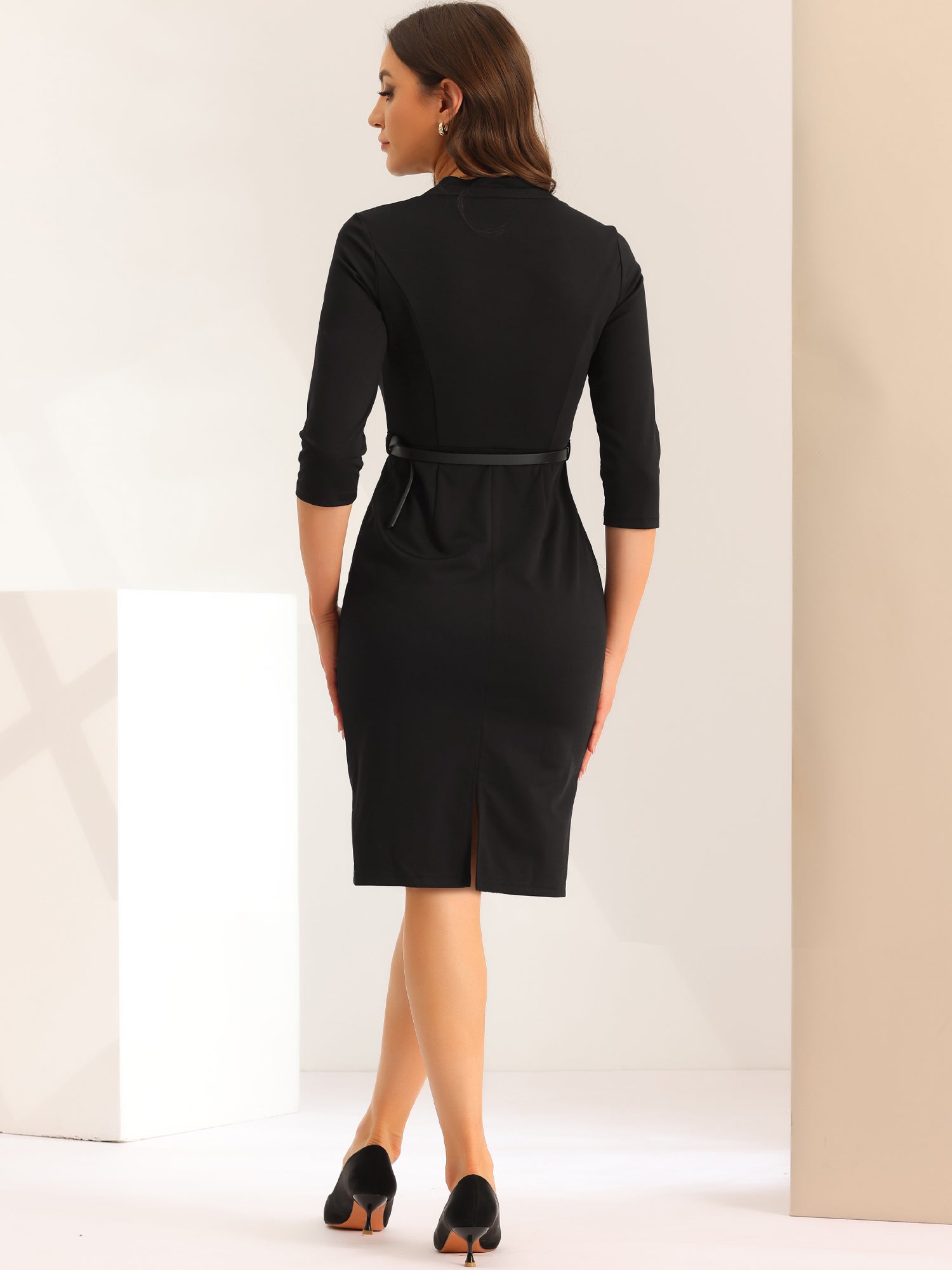 Work Office Dress 3/4 Sleeve Belted Sweetheart Neck Sheath Dress