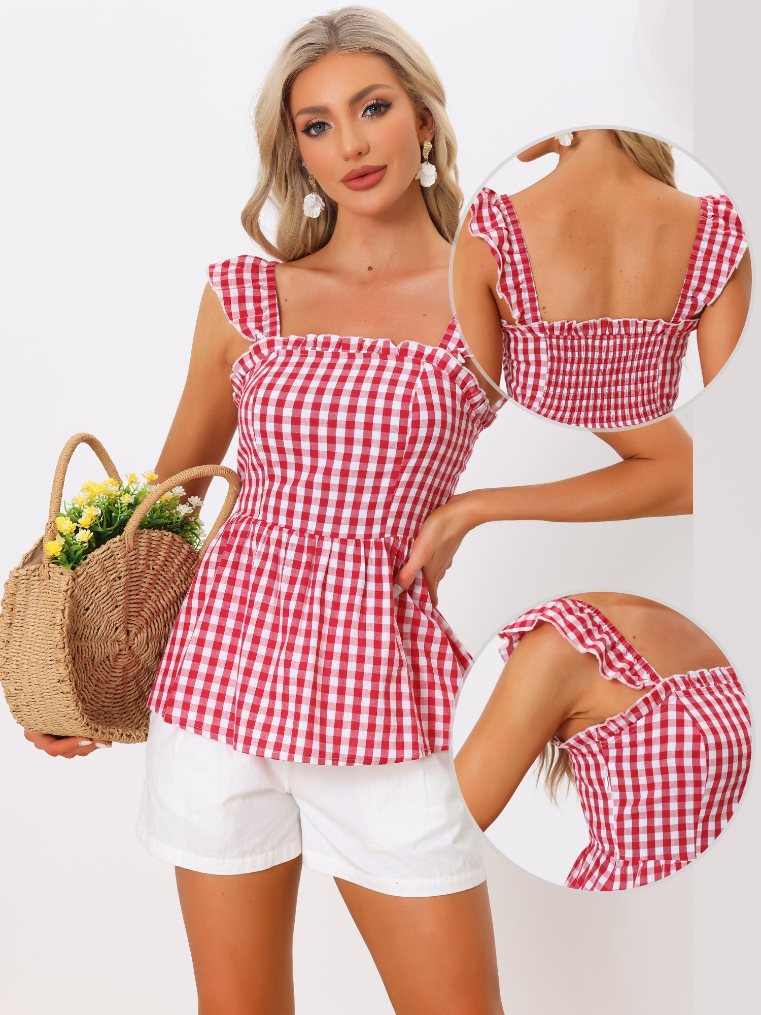 Gingham Peplum Top Summer Square Neck Sleeveless Plaid Blouse