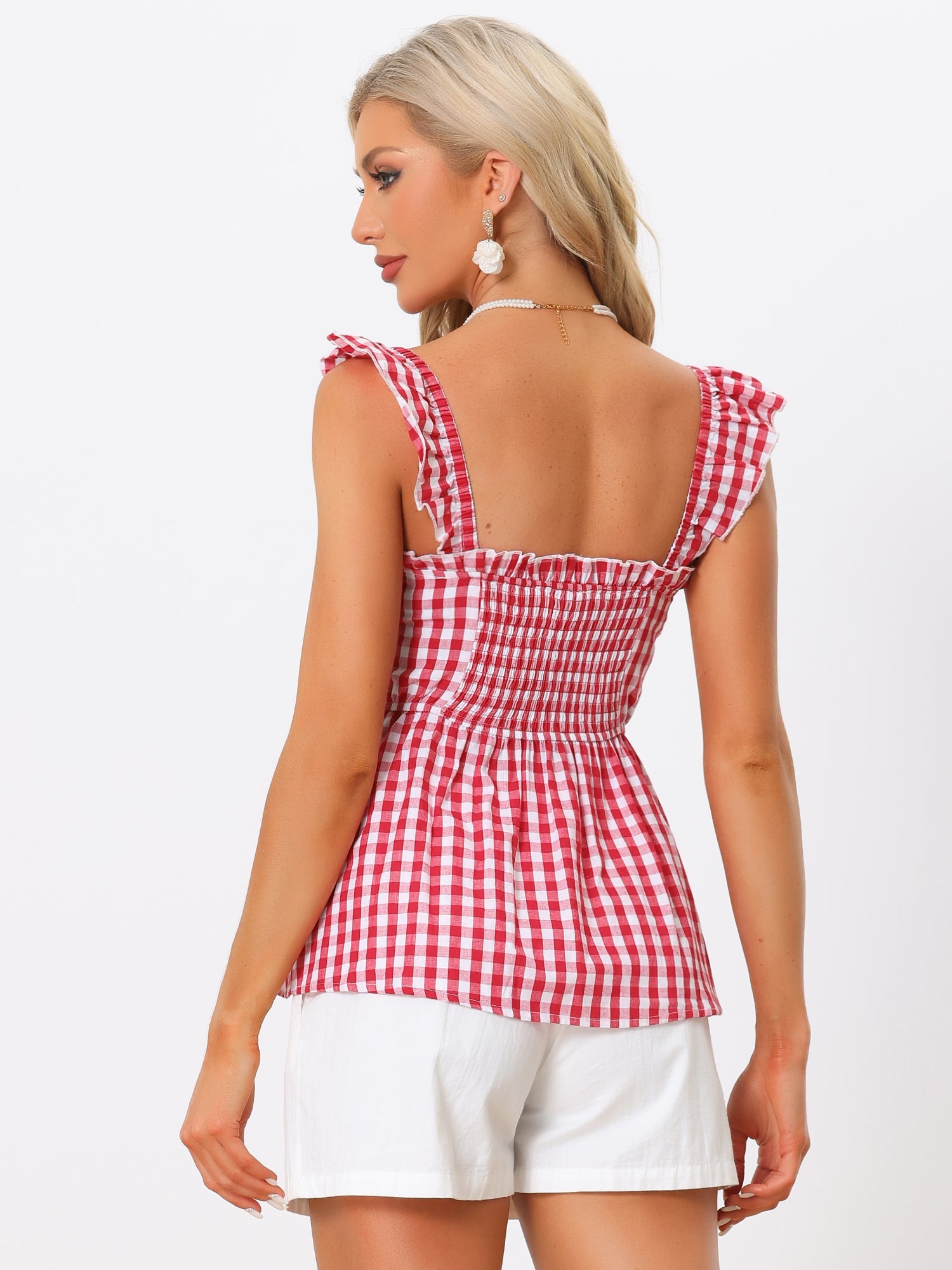 Gingham Peplum Top Summer Square Neck Sleeveless Plaid Blouse