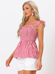 Gingham Peplum Top Summer Square Neck Sleeveless Plaid Blouse