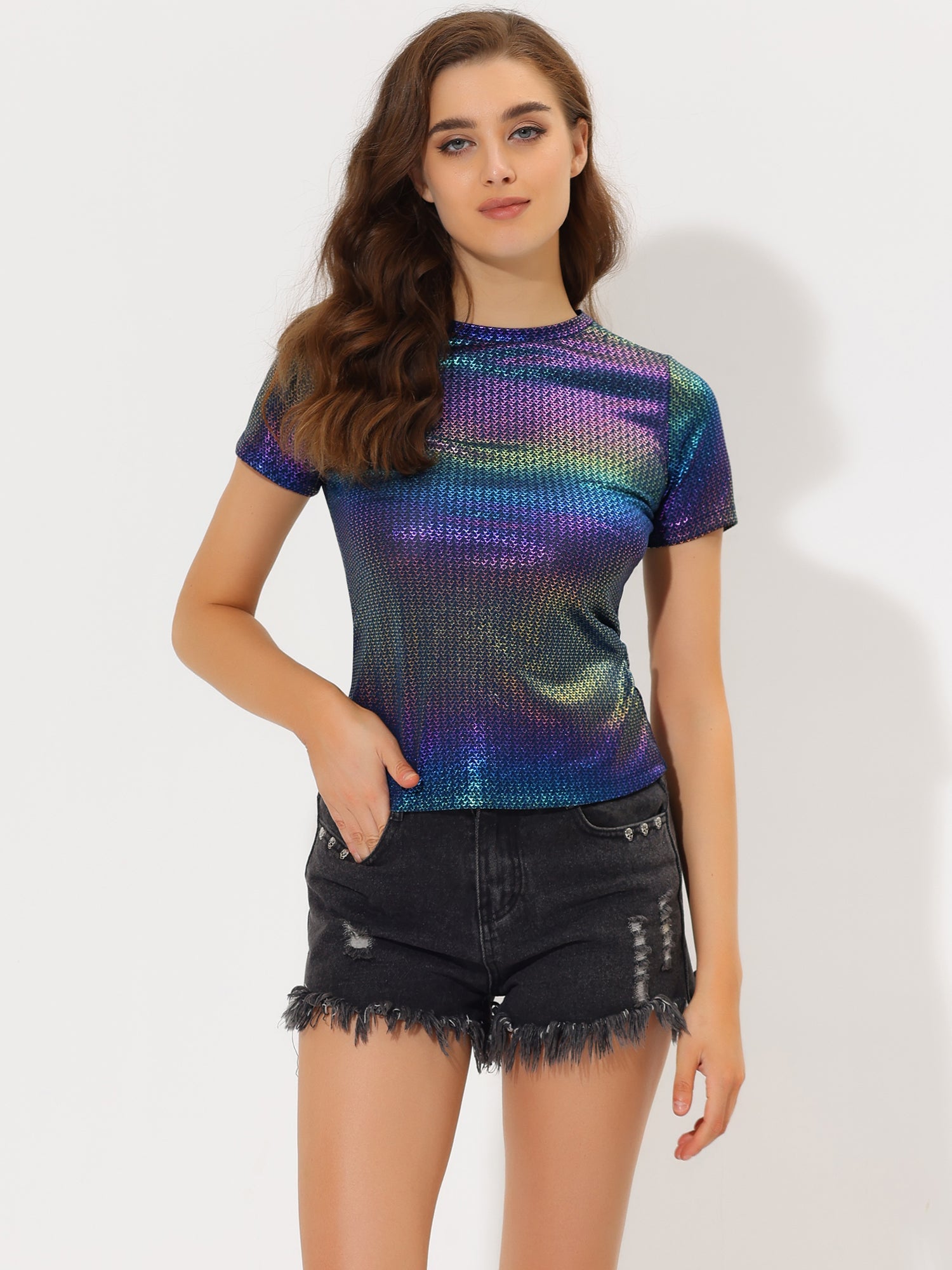 Party Metallic Textured Short Sleeve Shiny Multicolor Top