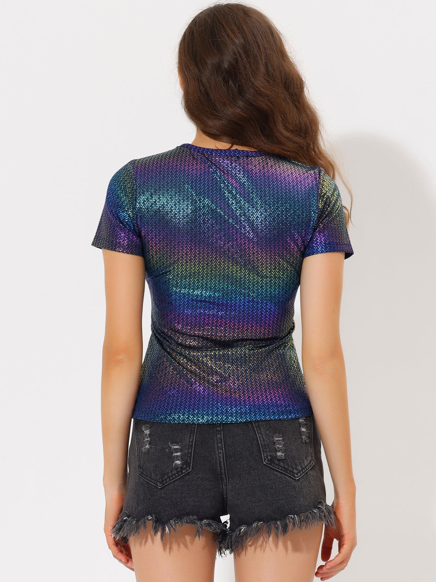 Party Metallic Textured Short Sleeve Shiny Multicolor Top