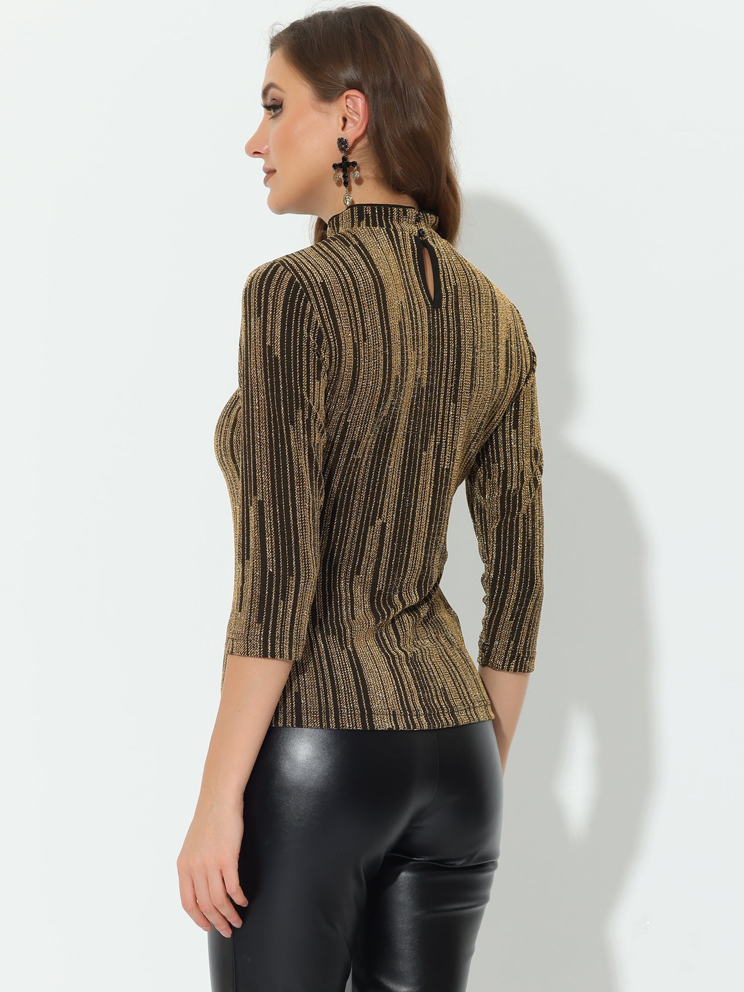 Party Glitter 3/4 Sleeve Shiny Striped Metallic Tops