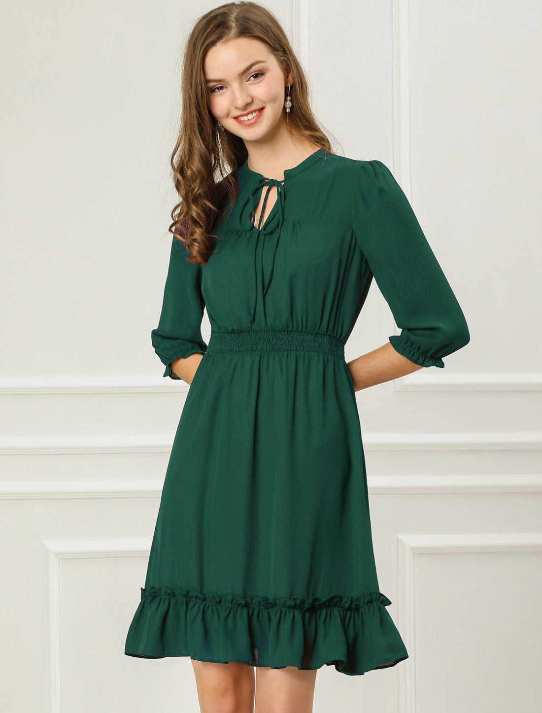 Ruffle Hem 3/4 Sleeve A-Line Smocked Midi Chiffon Dress