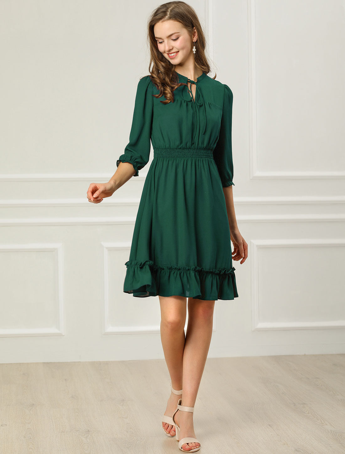 Ruffle Hem 3/4 Sleeve A-Line Smocked Midi Chiffon Dress