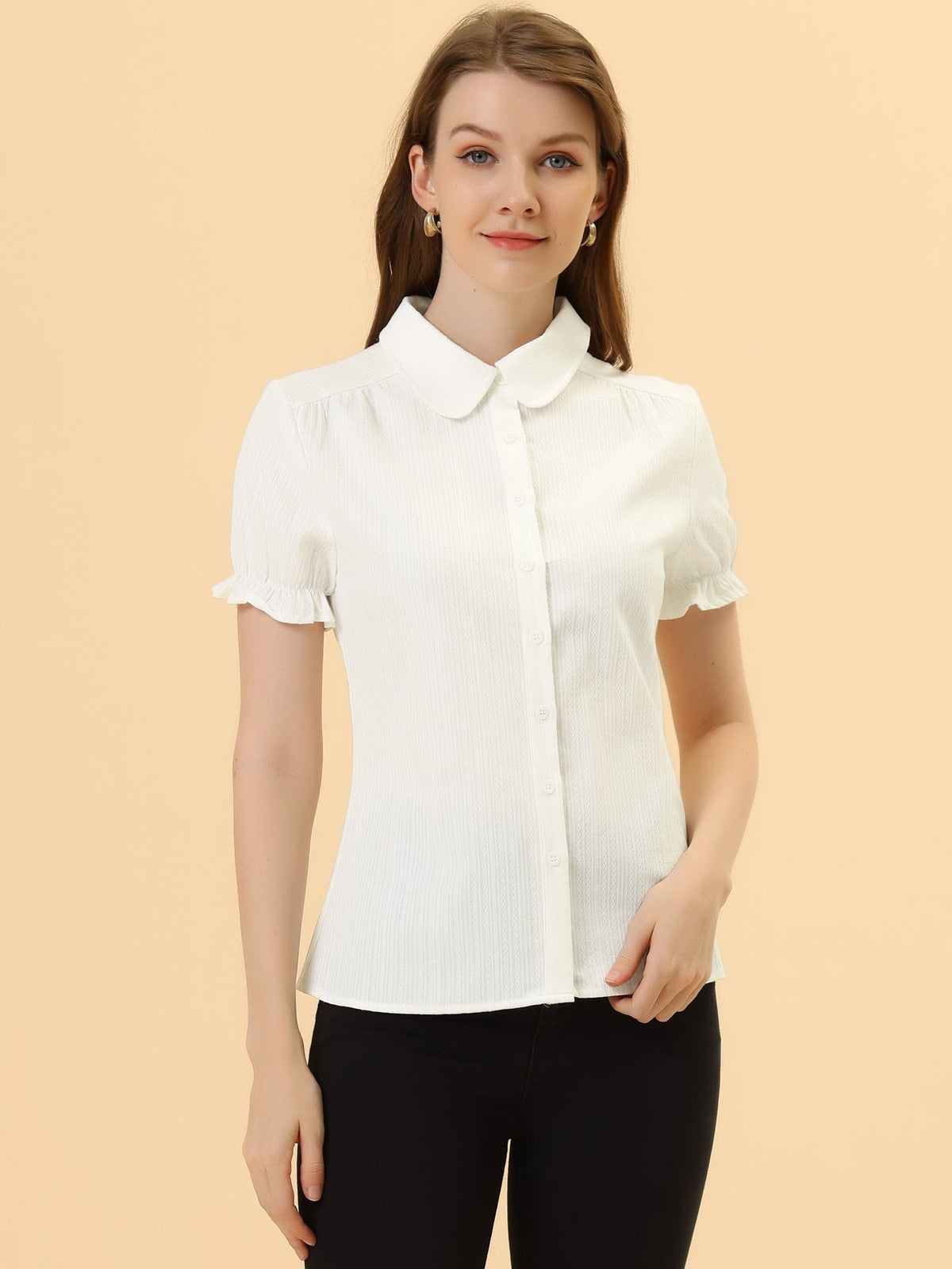Cotton Frilled Top Turndown Collar Solid Blouse Shirt