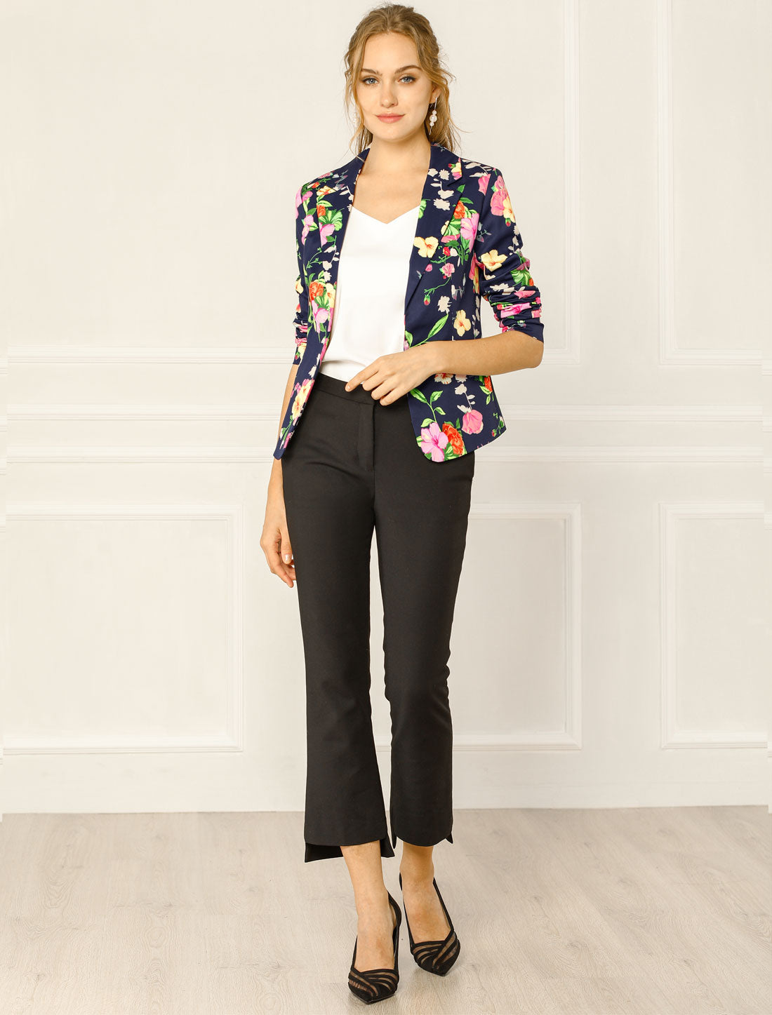Business Casual Open Front Notch Lapel Plaid Suit Blazer