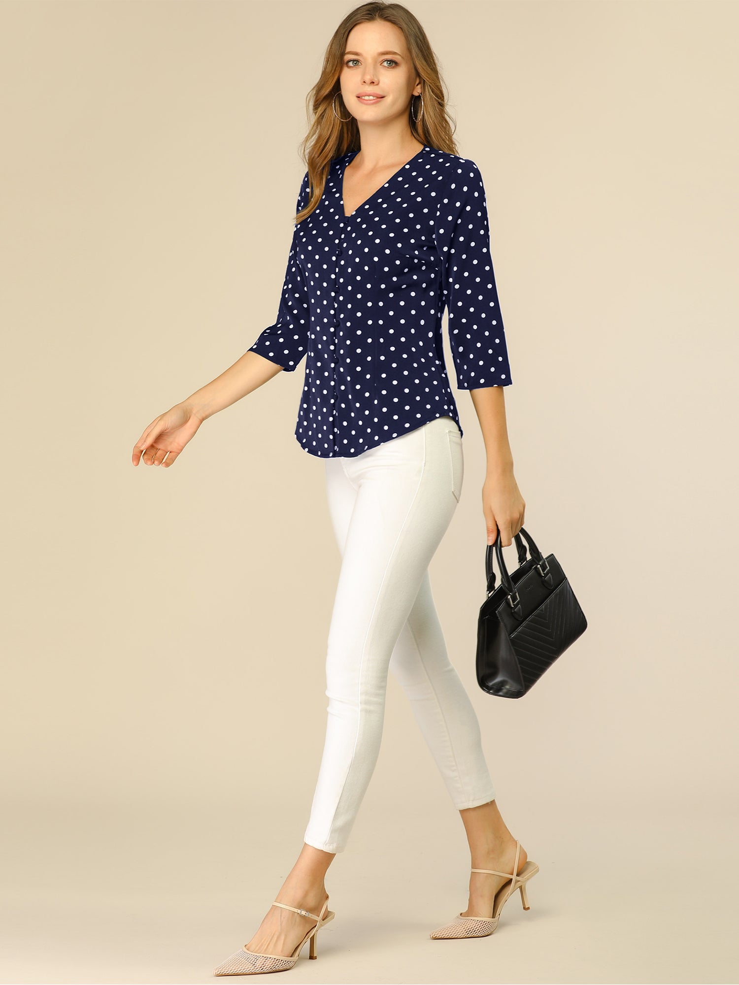 Polka Dots 3/4 Sleeve Button Front Vintage Office Blouse Top