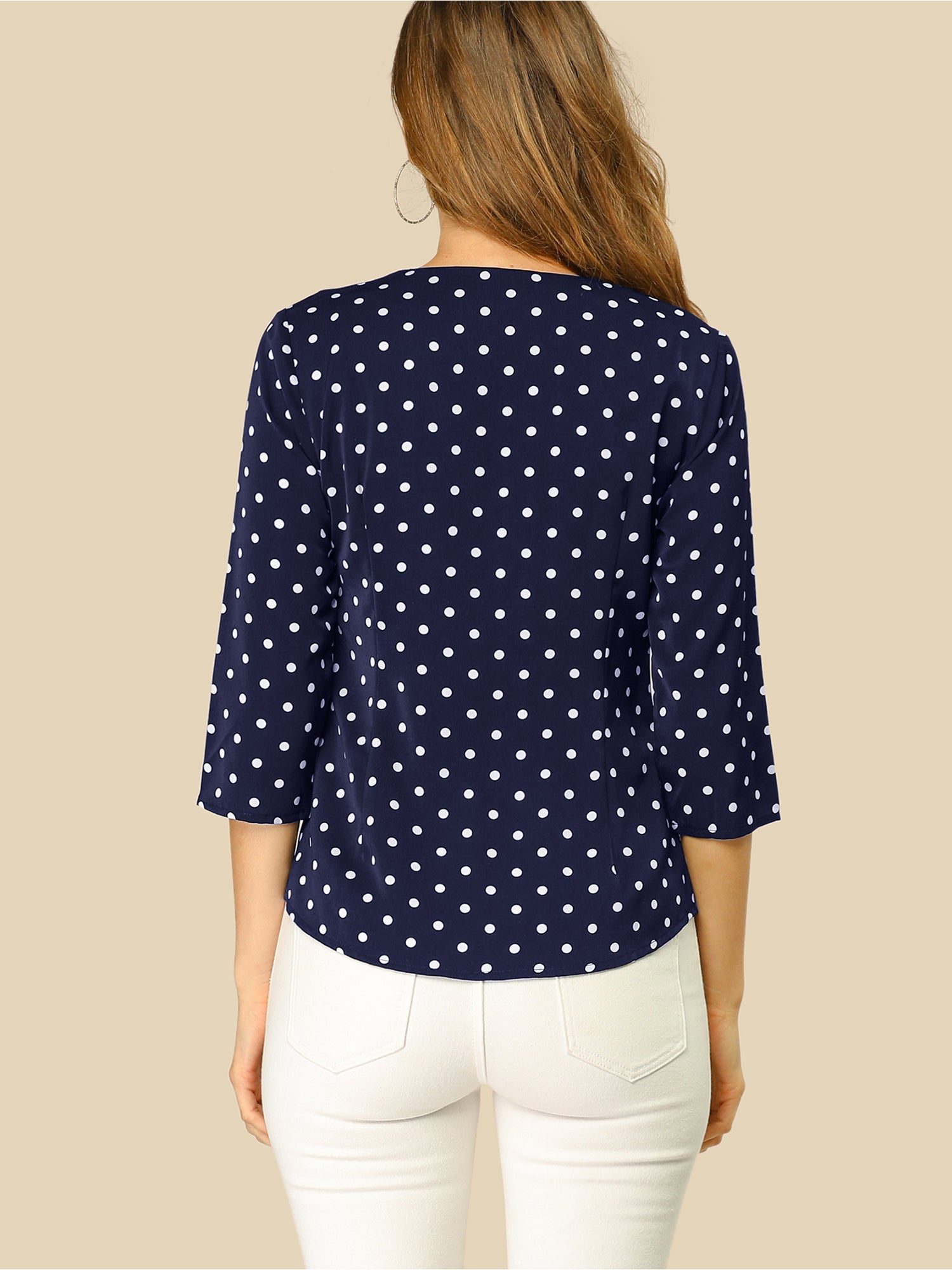 Polka Dots 3/4 Sleeve Button Front Vintage Office Blouse Top