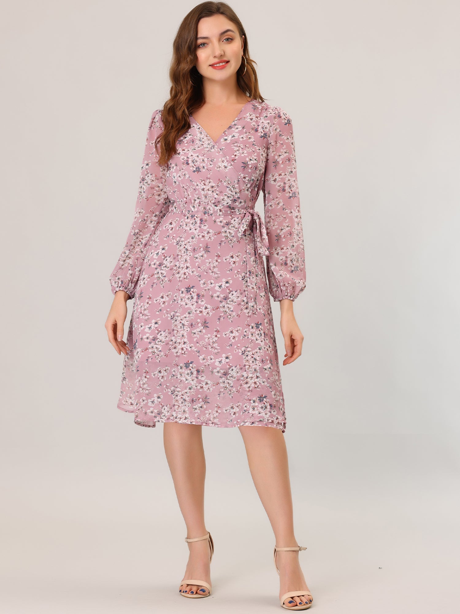 Chiffon Floral V Neck Tie Waist Bishop Sleeve Casual Wrap Midi Dress
