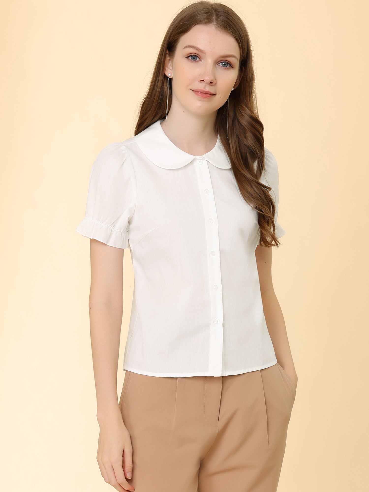 Peter Pan Collar Tie Neck Casual Cute Cotton Button-Up Shirt
