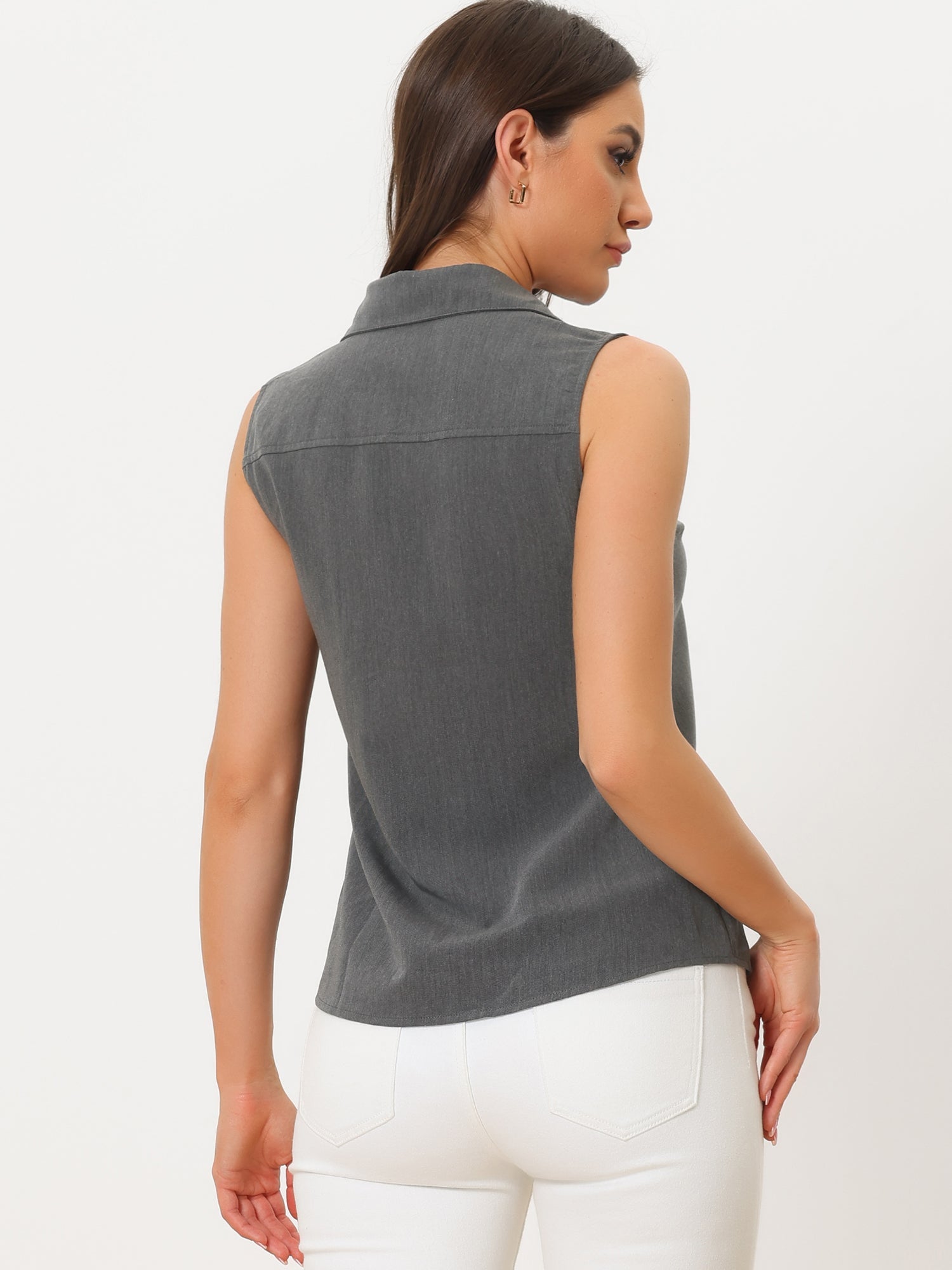 Denim Button Down Sleeveless Lapel V Neck Chambray Tunic Top