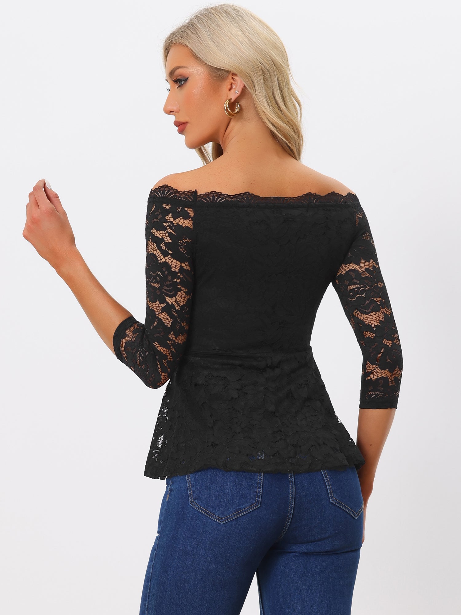 Elegant Lace Blouse Semi Sheer 3/4 Sleeve Off Shoulder Peplum Top