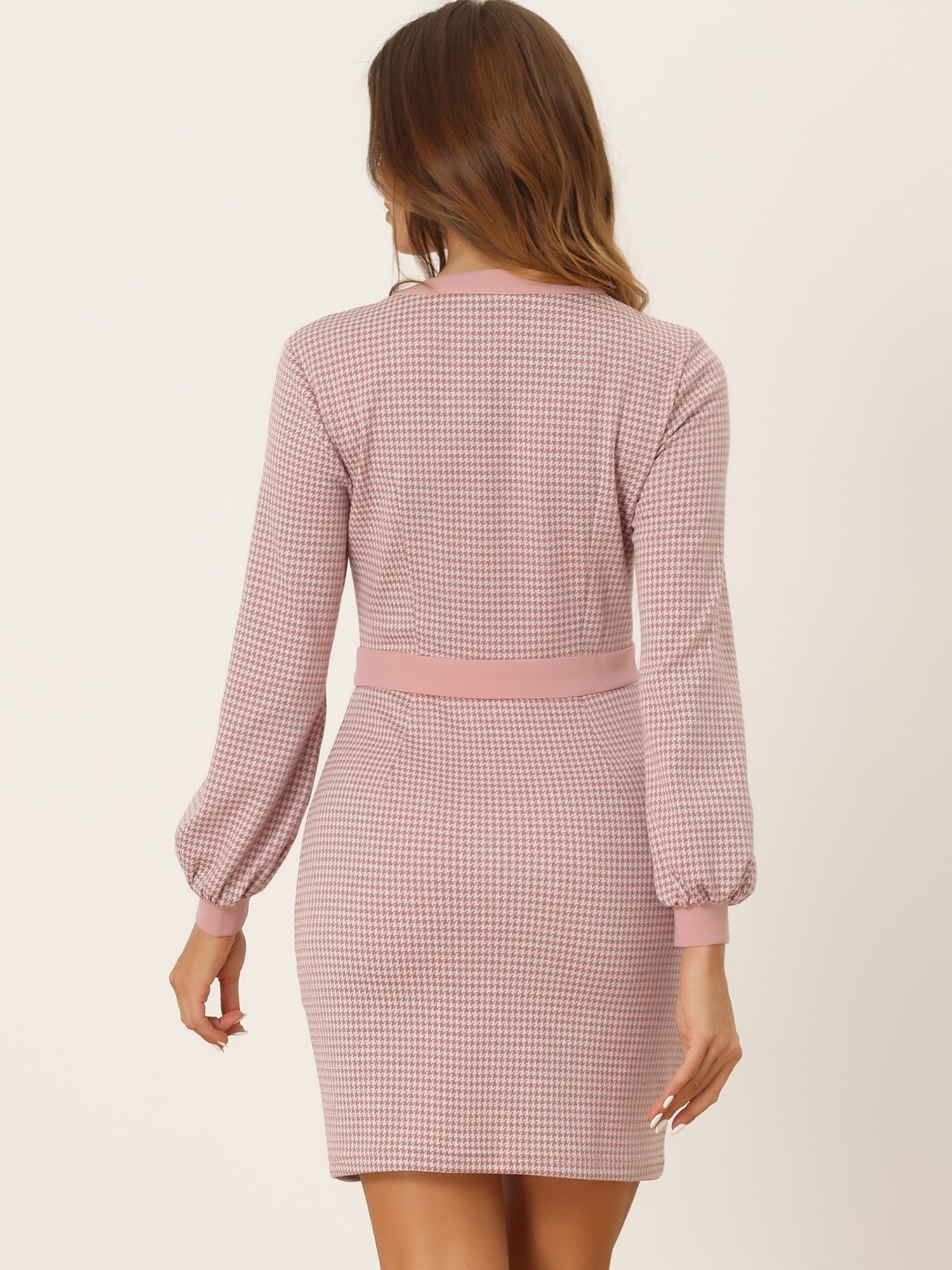 Houndstooth V Neck Long Sleeve Elegant Sheath Dresses
