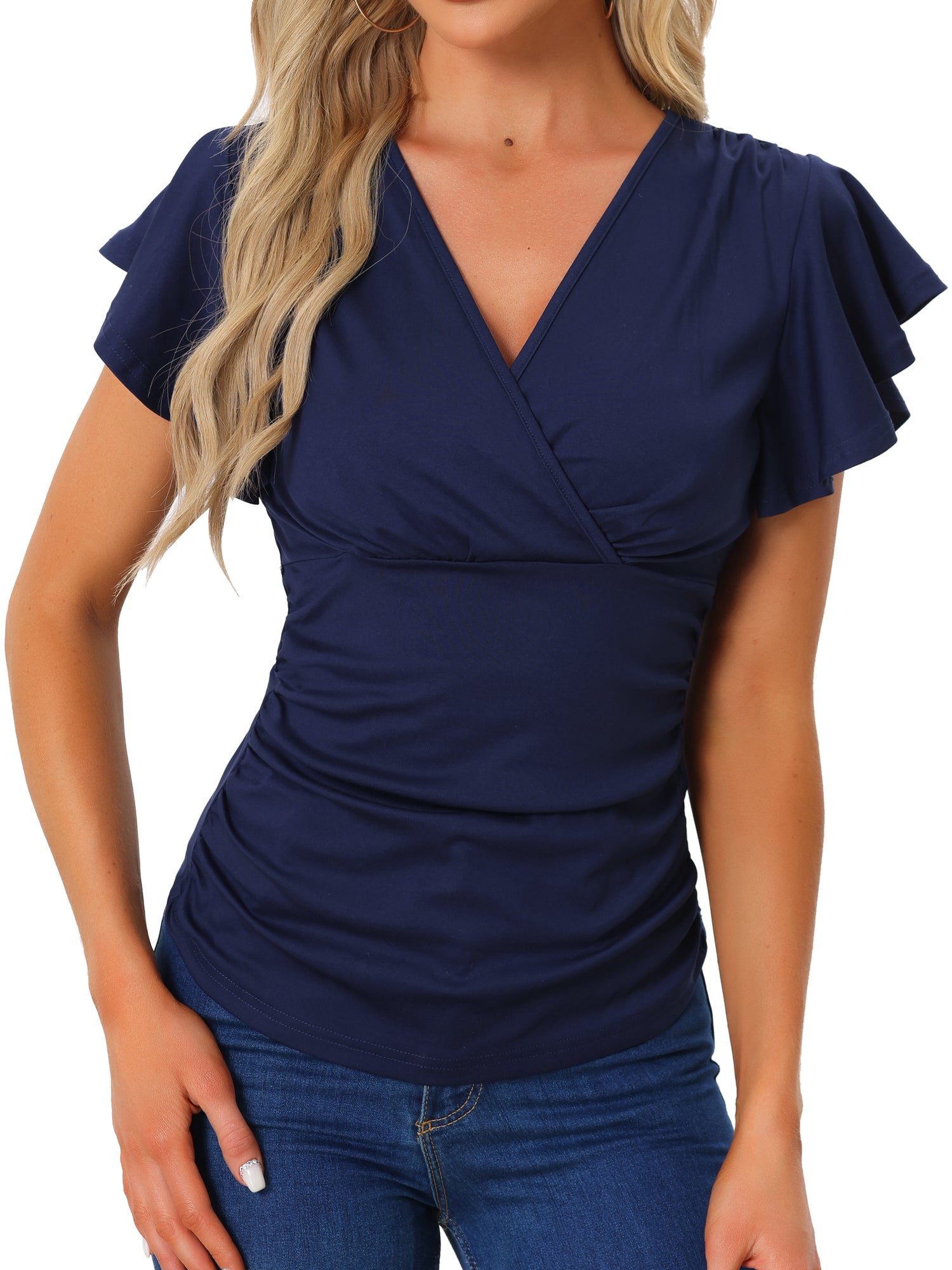 Faux Wrap Blouse Summer V Neck Ruffle Sleeve Casual Top Blouse
