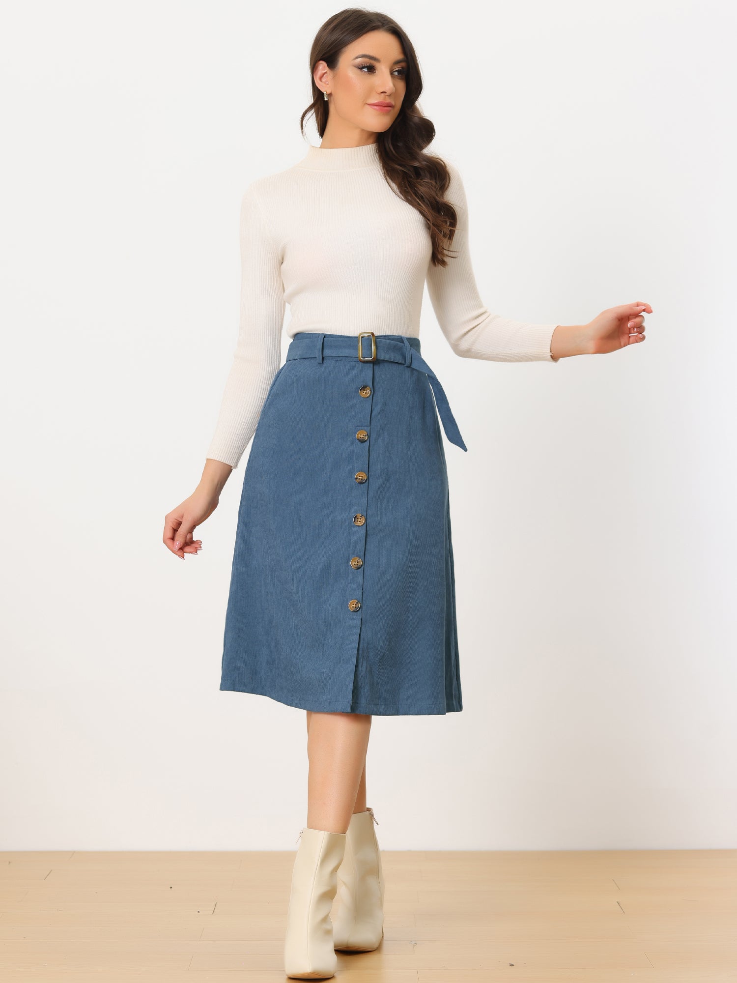 High Waist Button Front Belted Corduroy A-Line Midi Skirt
