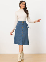 High Waist Button Front Belted Corduroy A-Line Midi Skirt