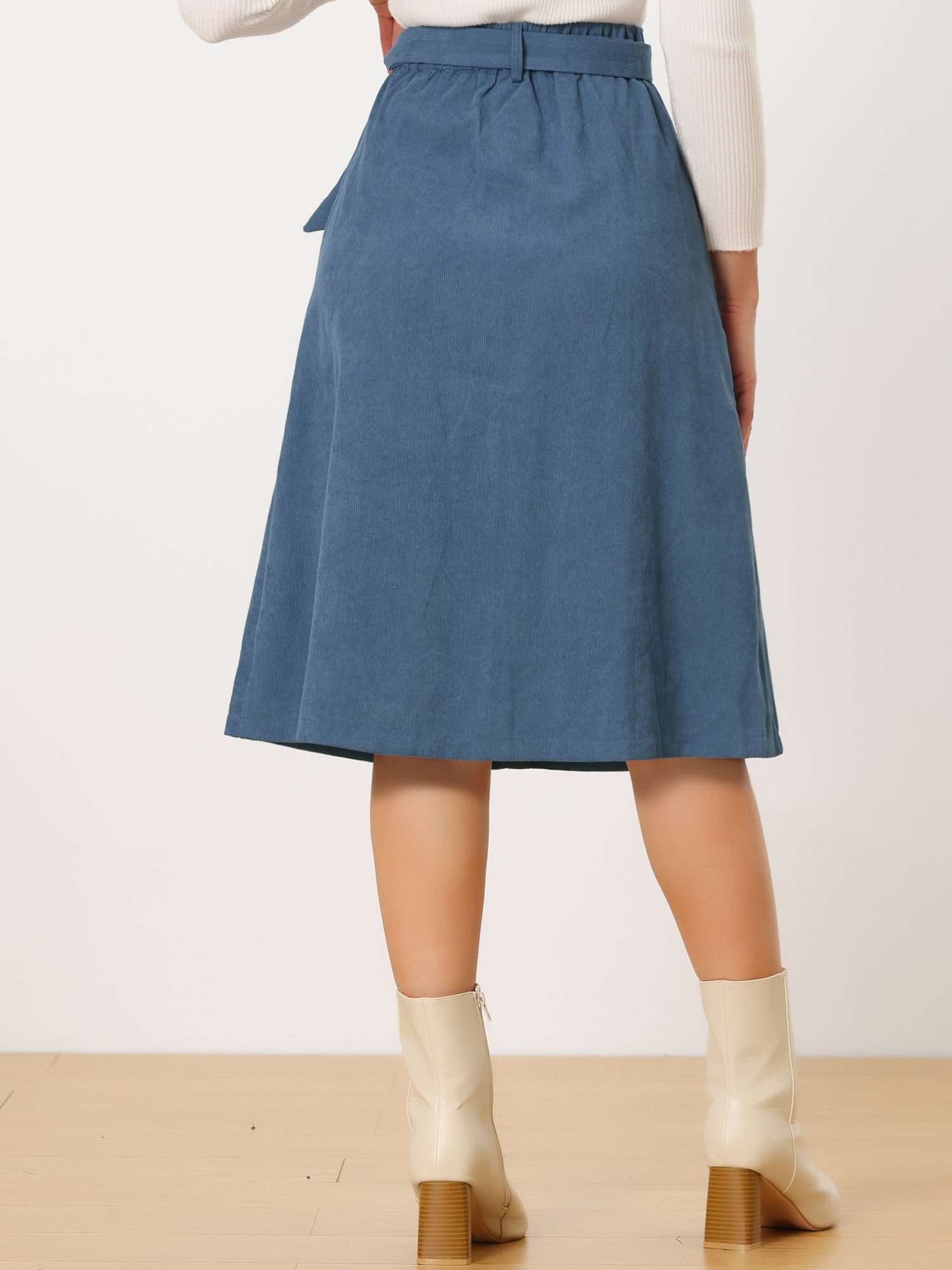 High Waist Button Front Belted Corduroy A-Line Midi Skirt