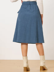 High Waist Button Front Belted Corduroy A-Line Midi Skirt