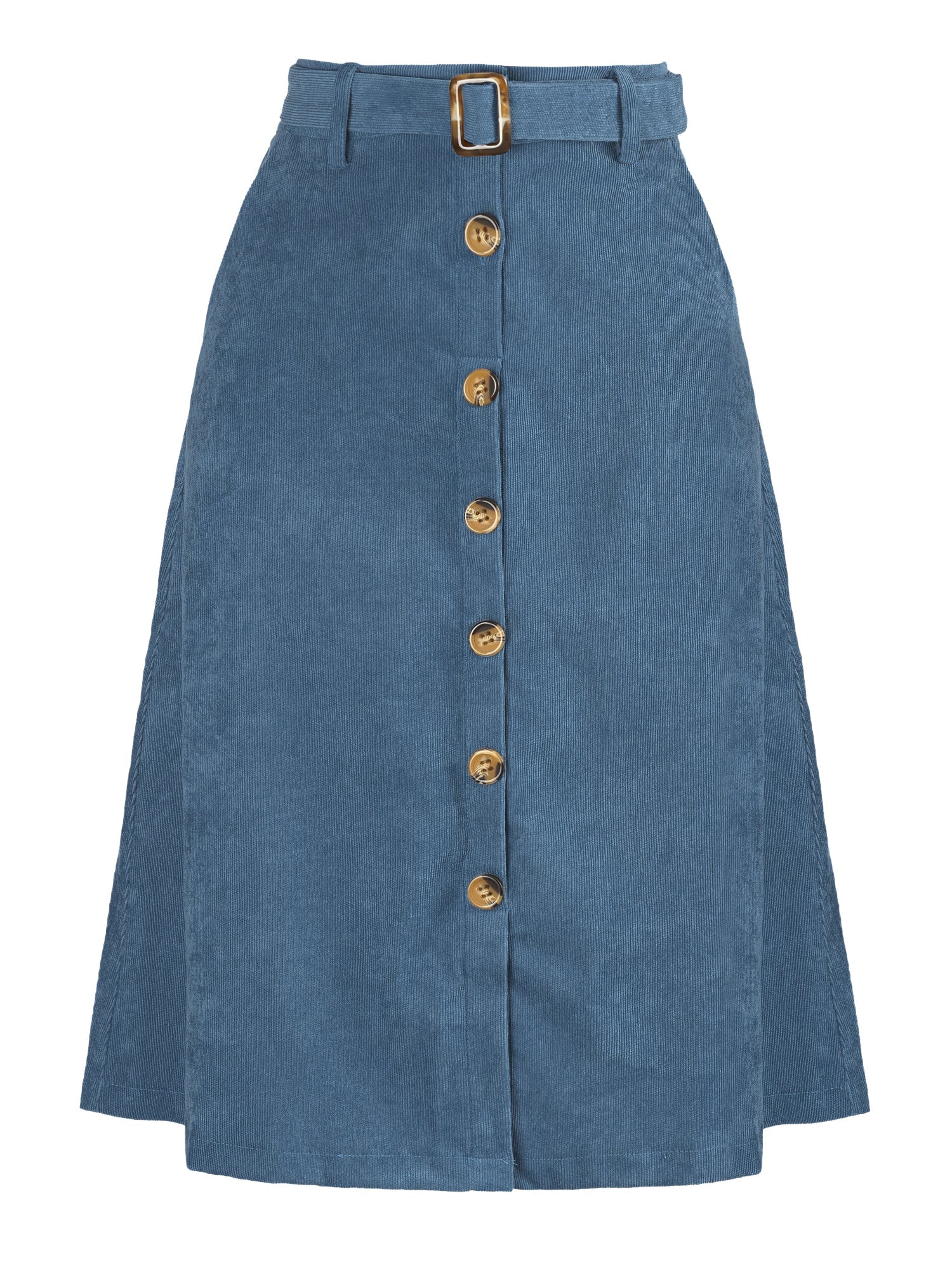High Waist Button Front Belted Corduroy A-Line Midi Skirt