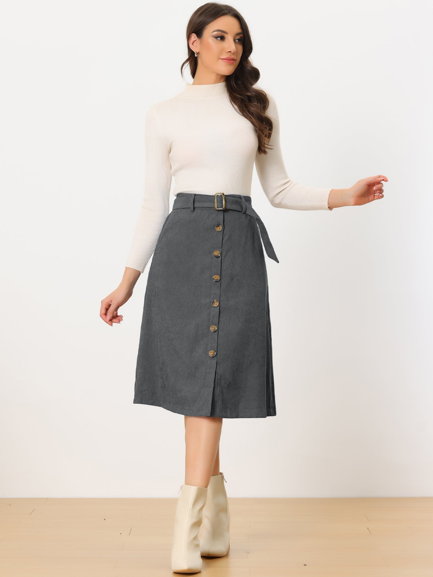 High Waist Button Front Belted Corduroy A-Line Midi Skirt