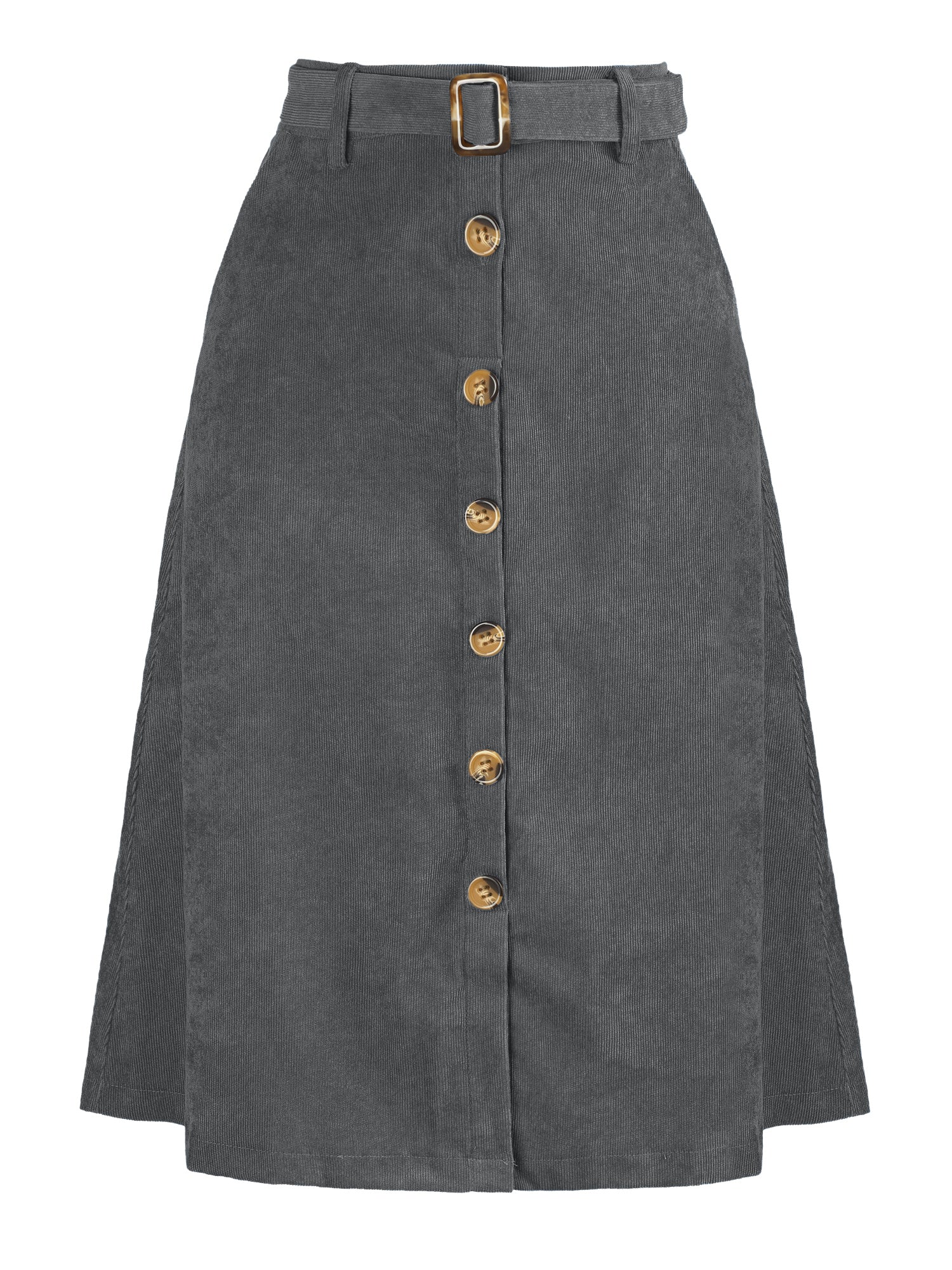 High Waist Button Front Belted Corduroy A-Line Midi Skirt