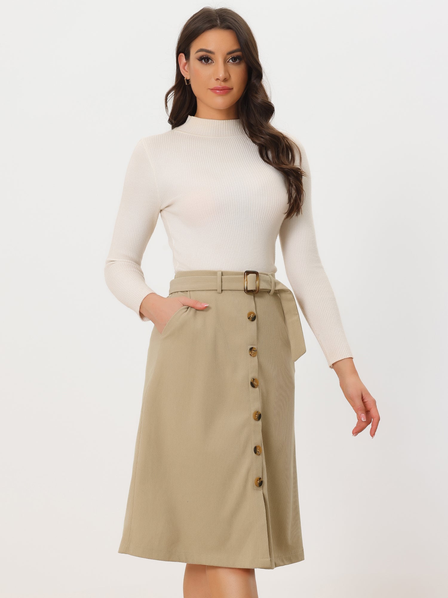 High Waist Button Front Belted Corduroy A-Line Midi Skirt