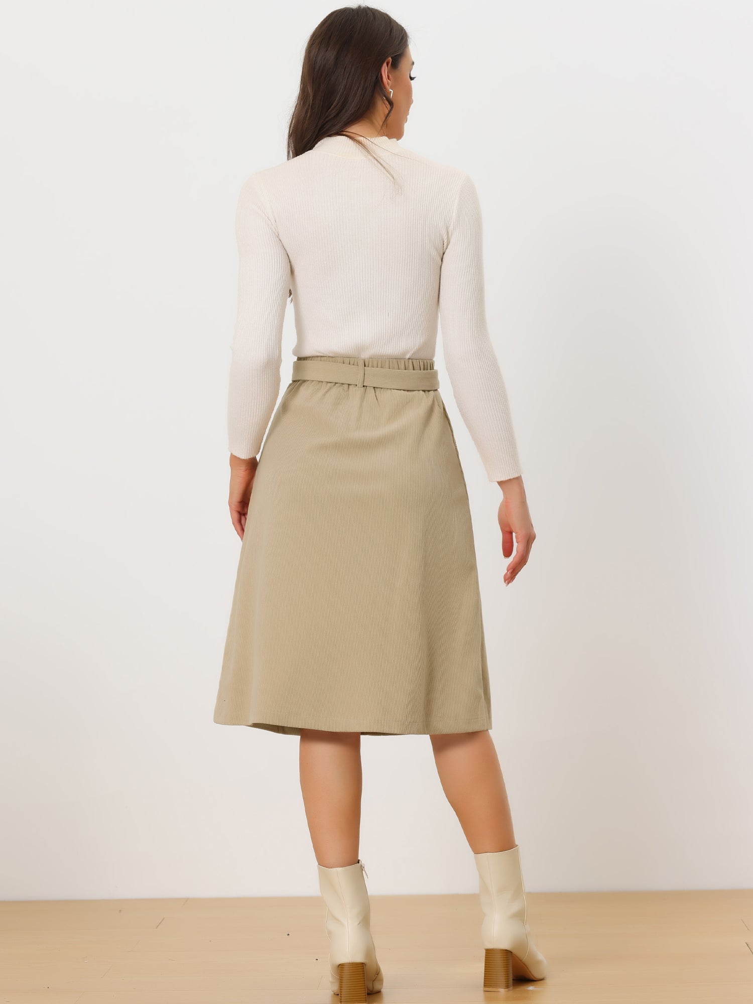 High Waist Button Front Belted Corduroy A-Line Midi Skirt