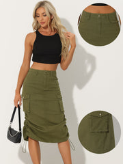 Midi Skirt Flap Pocket Back Slit Drawstring Cargo Skirt