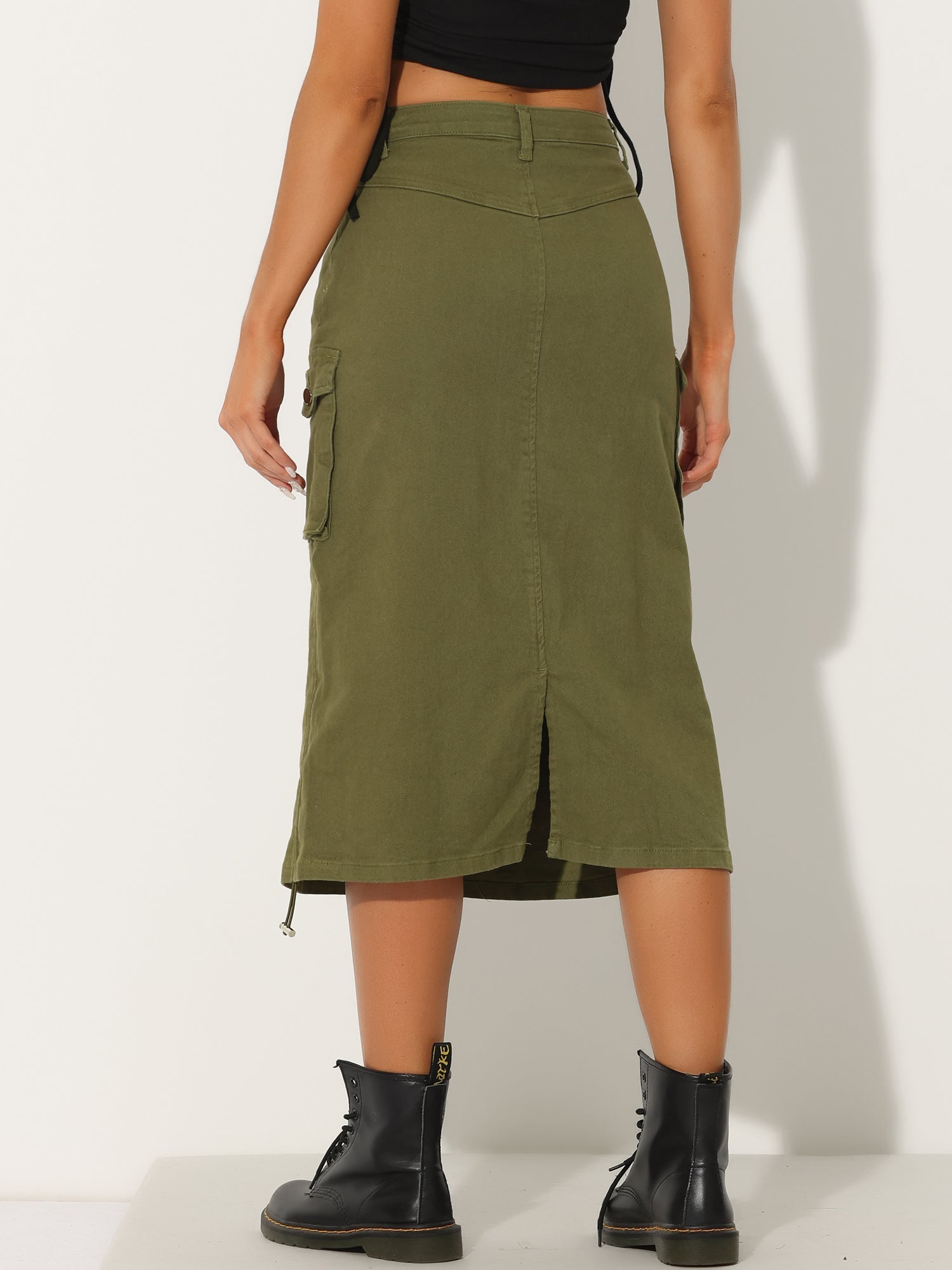 Midi Skirt Flap Pocket Back Slit Drawstring Cargo Skirt