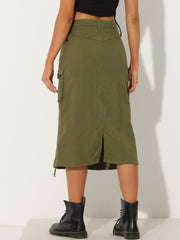 Midi Skirt Flap Pocket Back Slit Drawstring Cargo Skirt