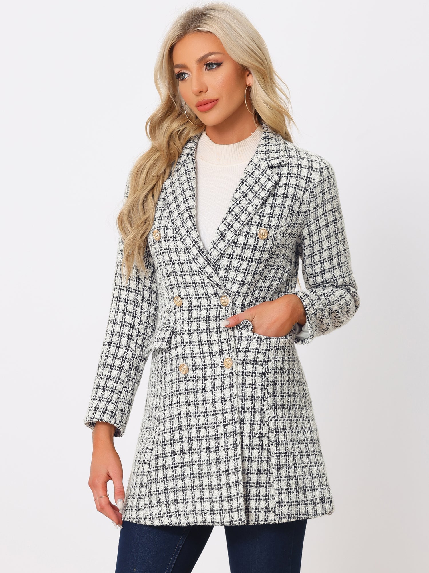 Lapel Collar Elegant Double Breasted Plaid Tweed Coat