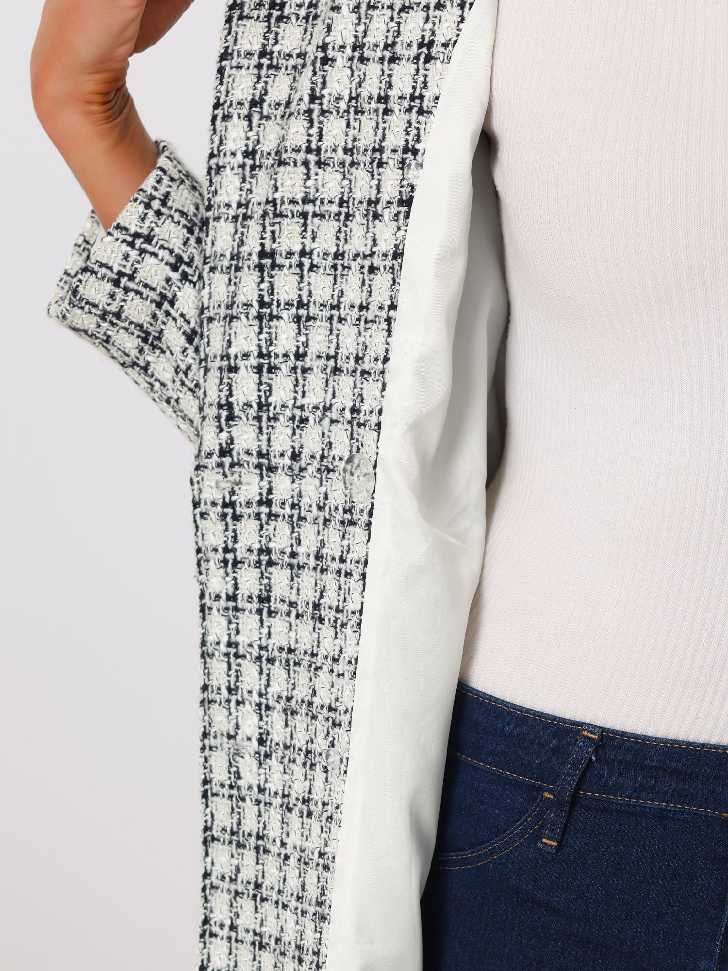 Lapel Collar Elegant Double Breasted Plaid Tweed Coat