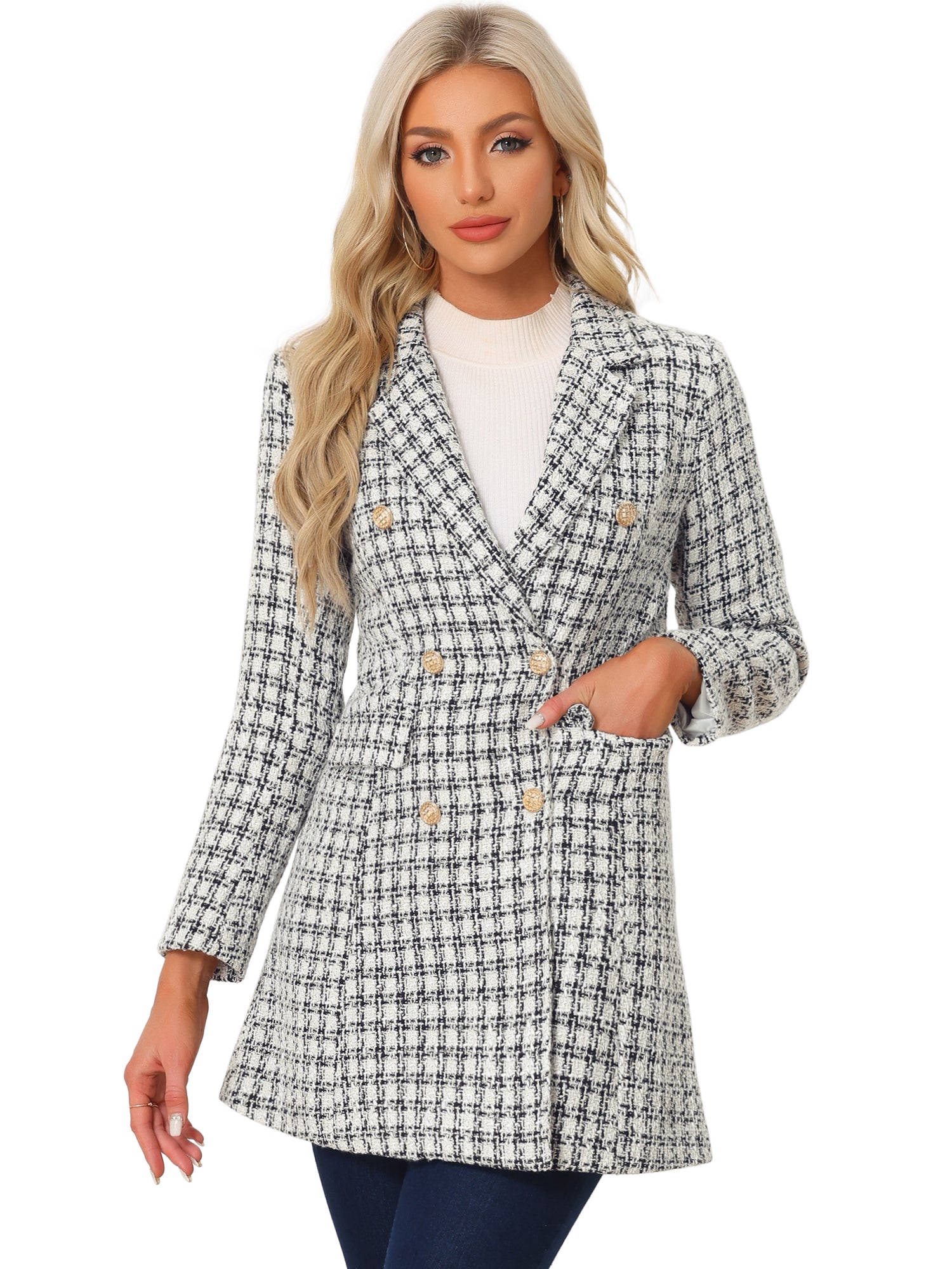 Lapel Collar Elegant Double Breasted Plaid Tweed Coat