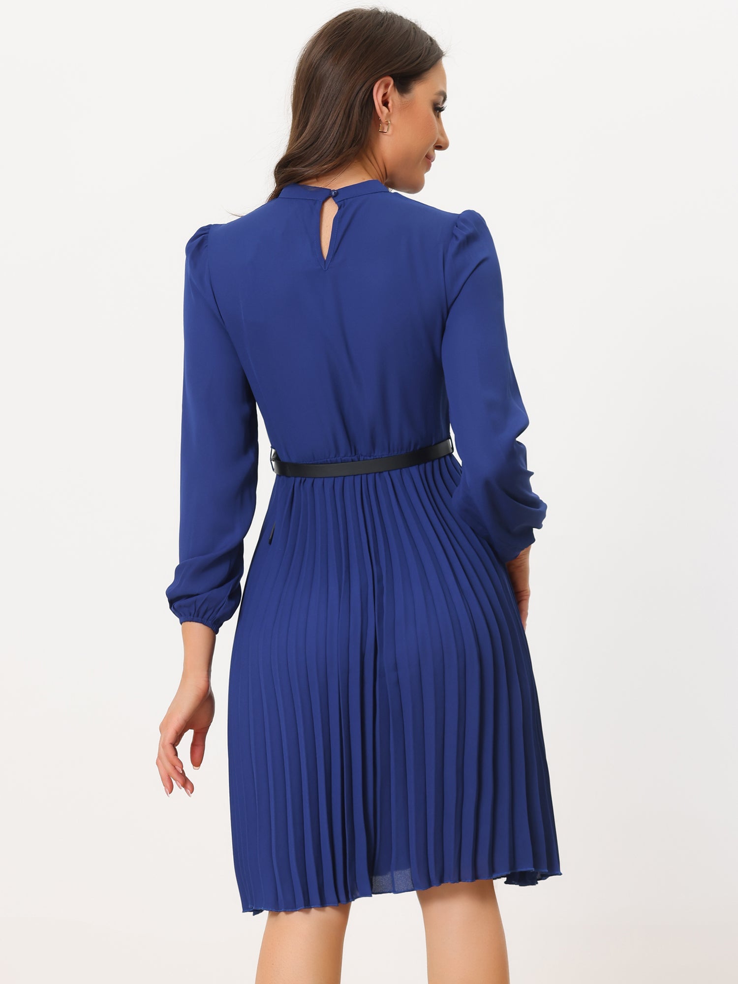 Stand Collar Long Sleeve Belted Pleated Midi Dress