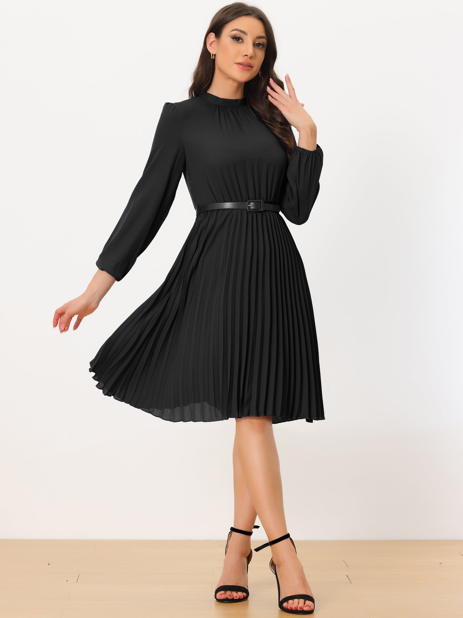 Stand Collar Long Sleeve Belted Pleated Midi Dress