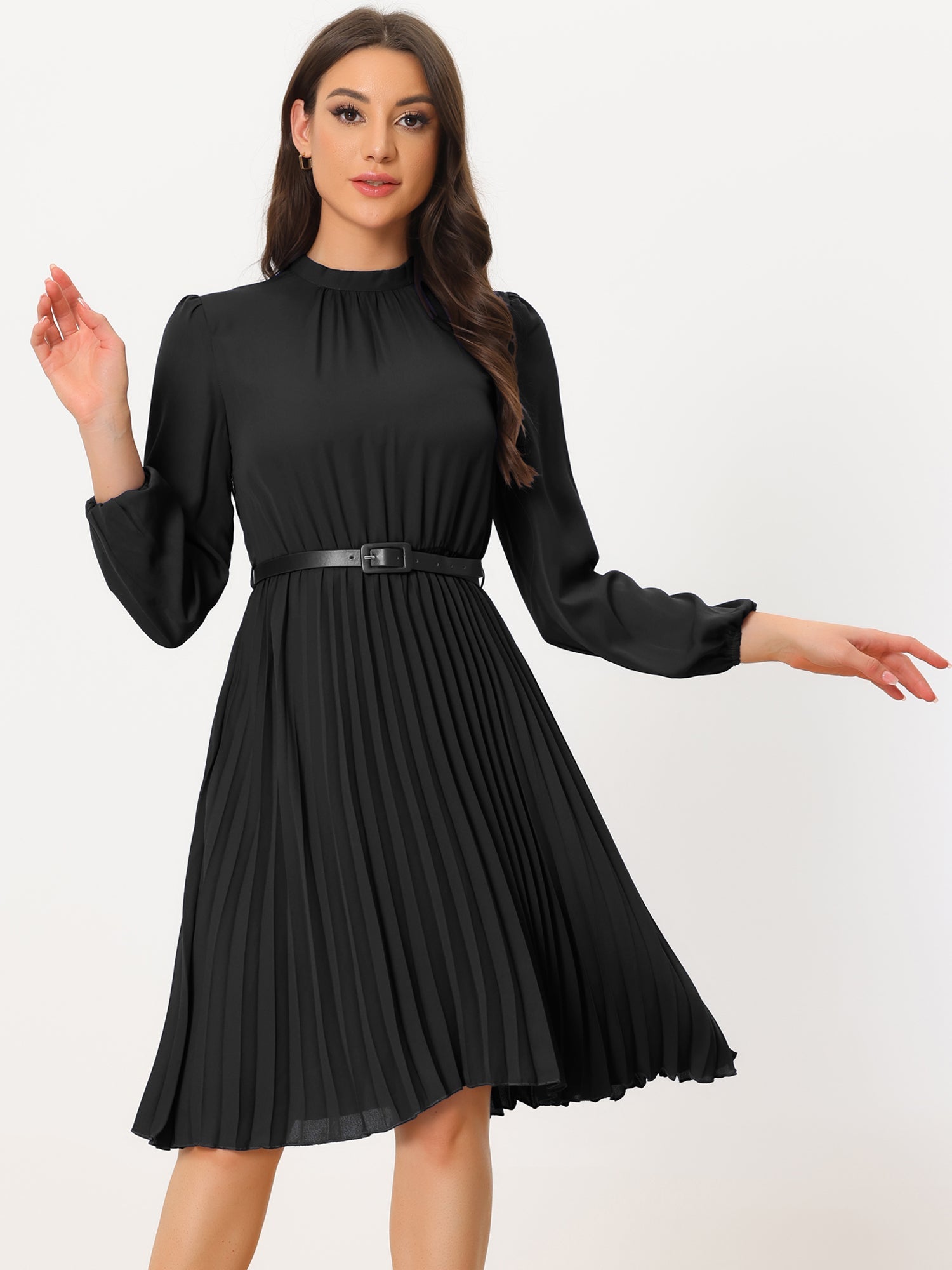Stand Collar Long Sleeve Belted Pleated Midi Dress