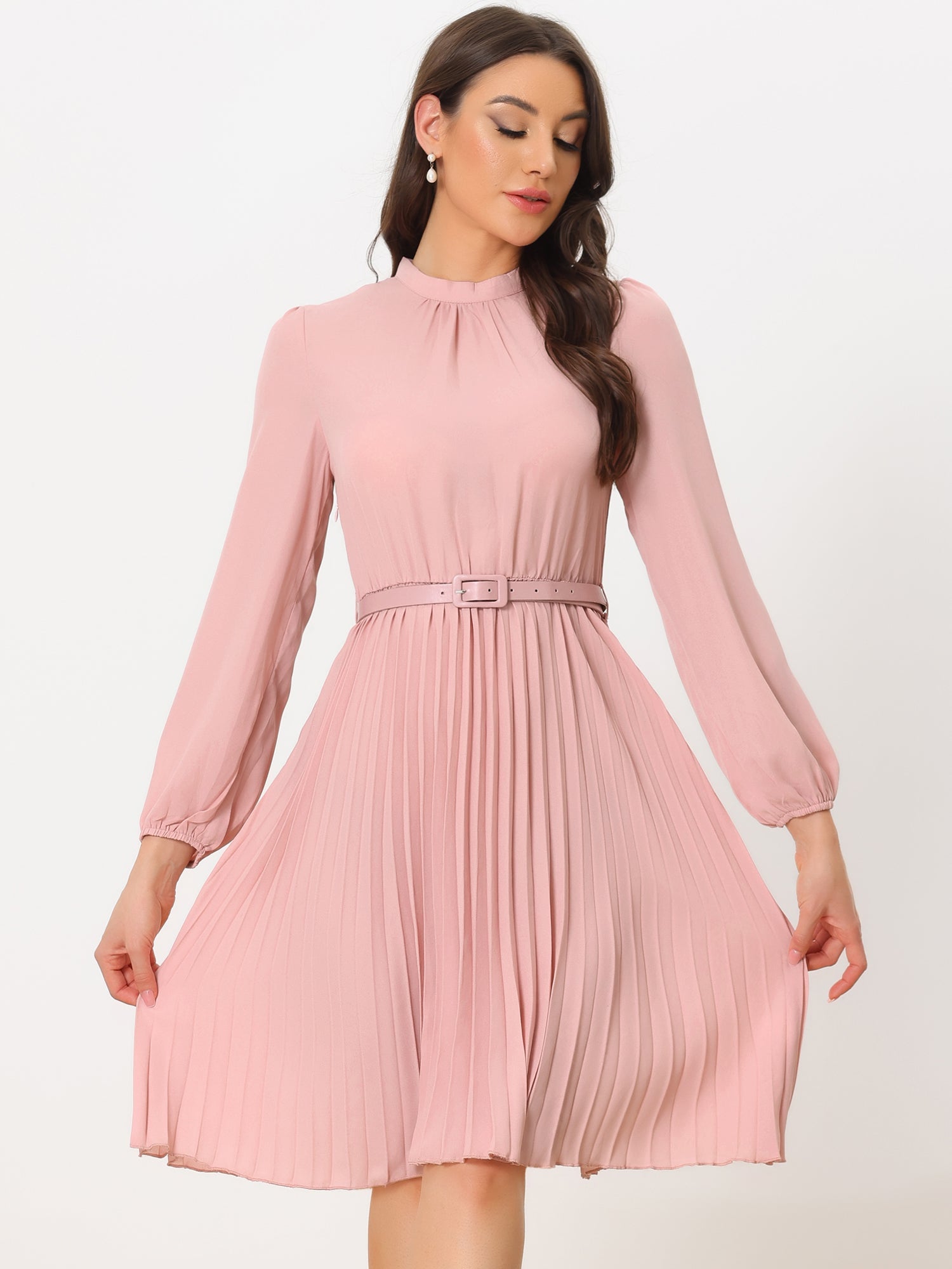 Stand Collar Long Sleeve Belted Pleated Midi Dress