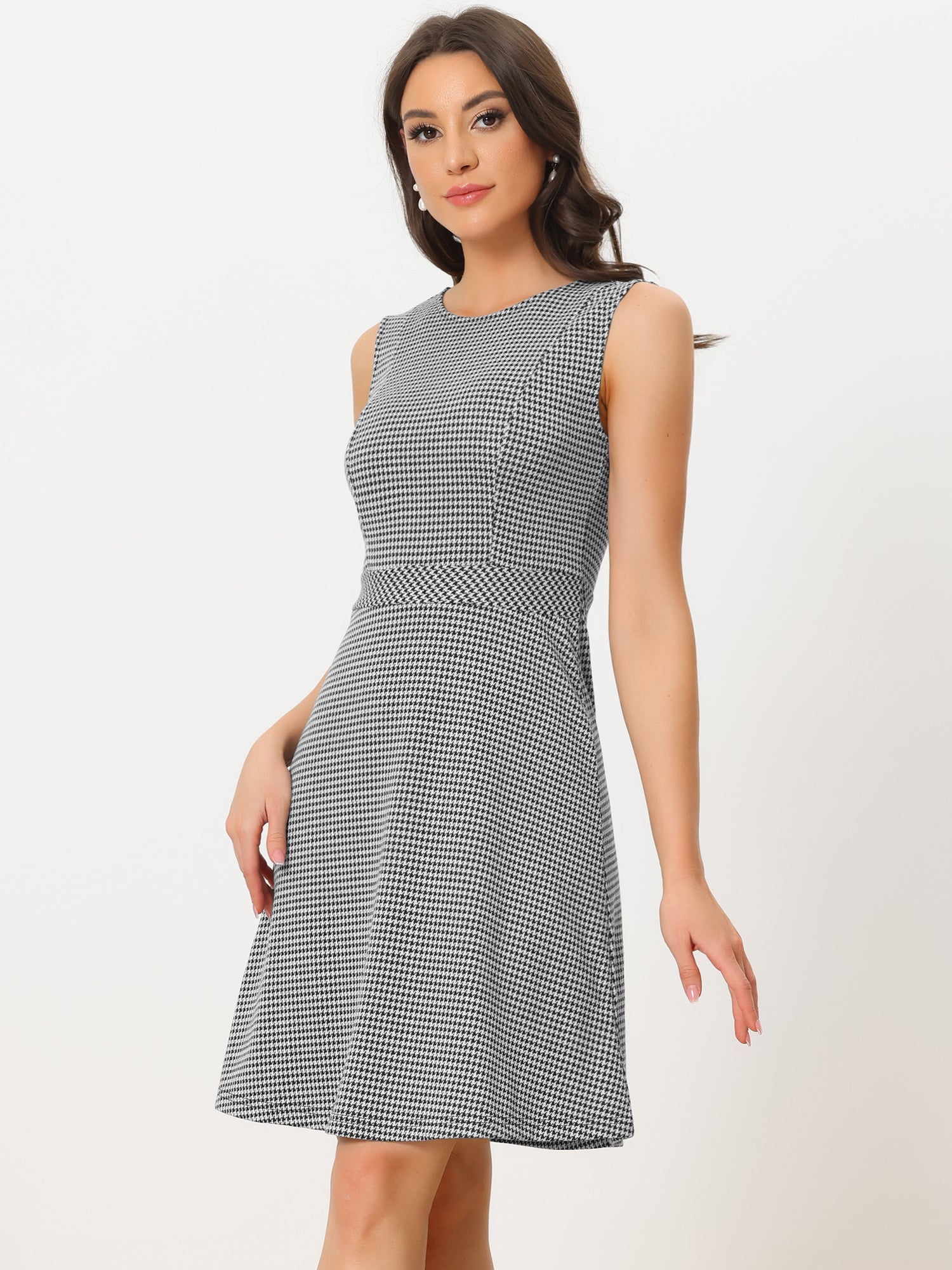Plaid Sleeveless Fit and Flare Houndstooth Work Dress
