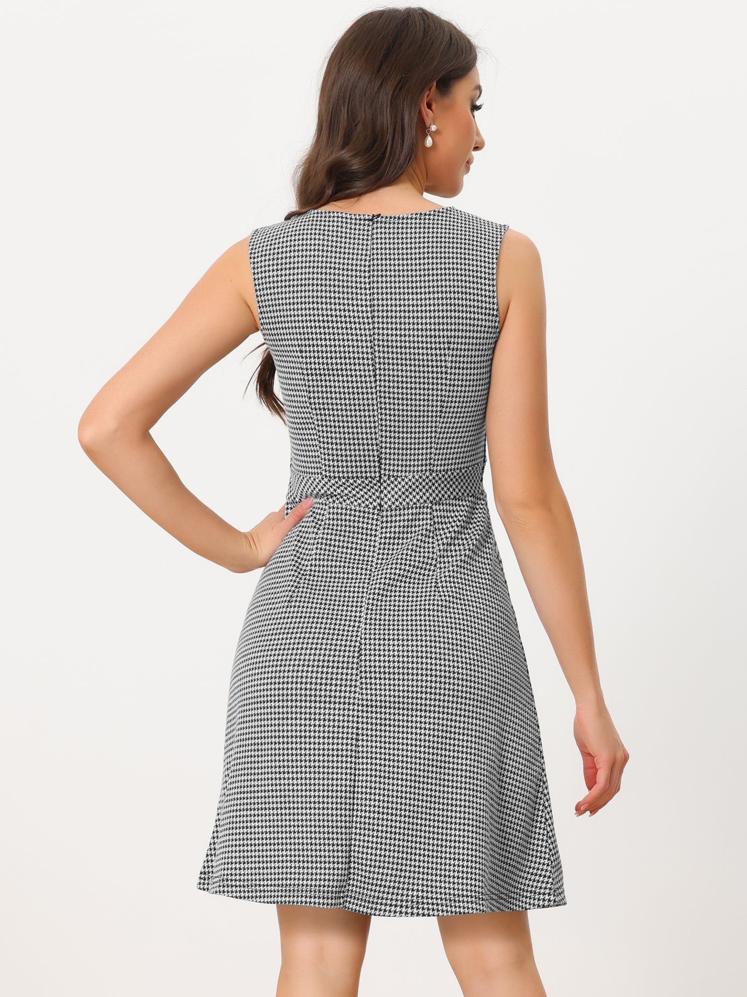 Plaid Sleeveless Fit and Flare Houndstooth Work Dress