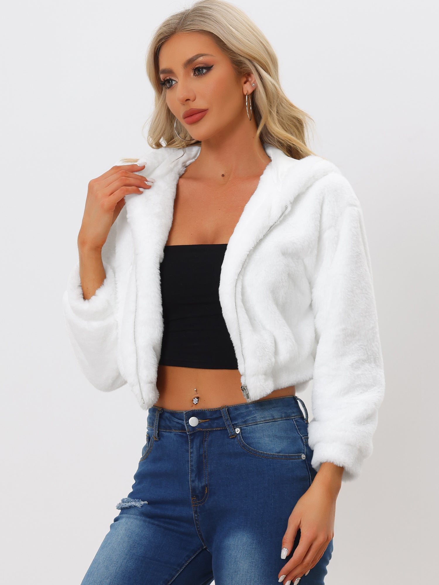 Casual Faux Fur Coat Zip Up Hooded Cropped Fuzzy Fleece Jacket