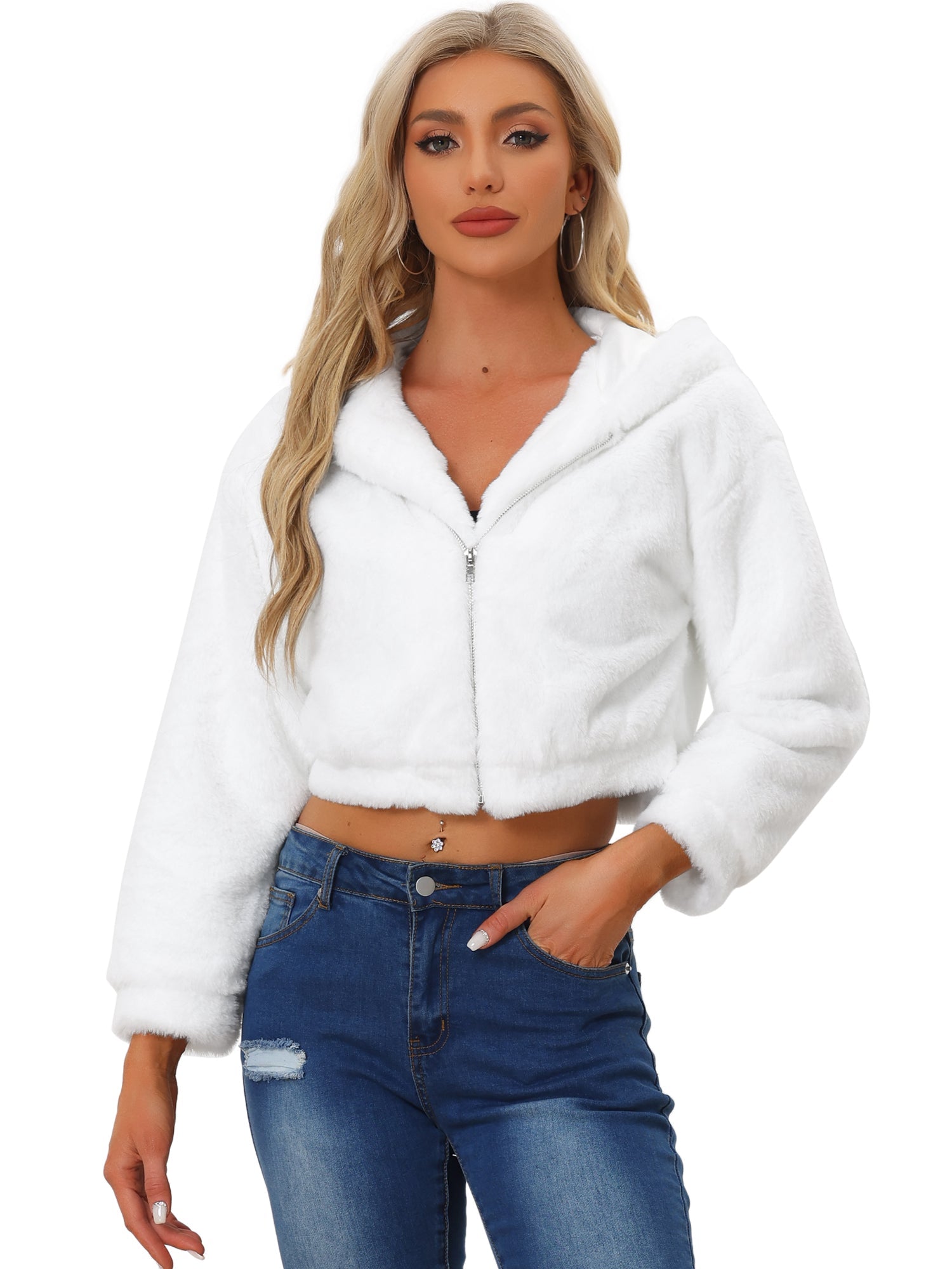 Casual Faux Fur Coat Zip Up Hooded Cropped Fuzzy Fleece Jacket