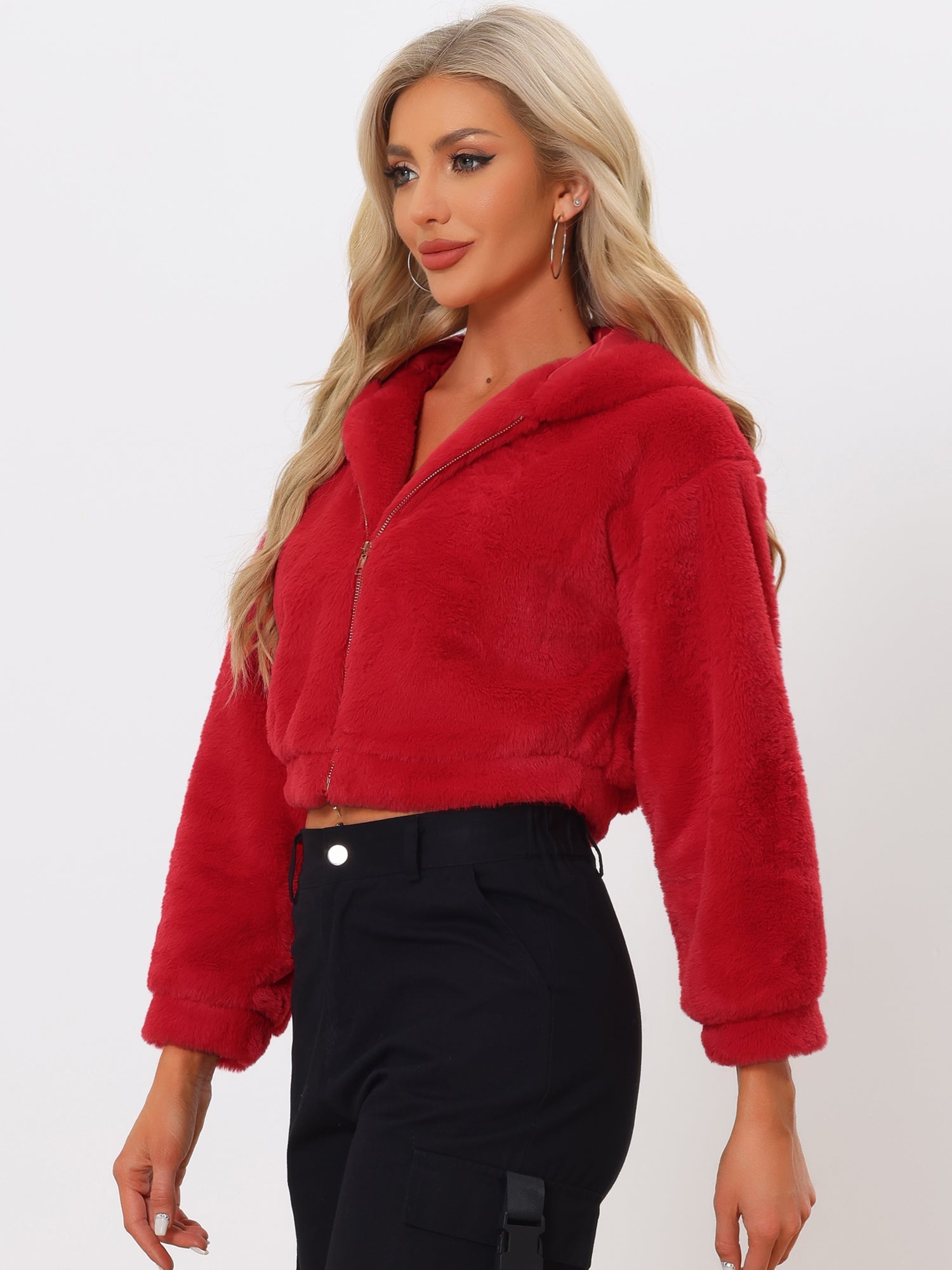 Casual Faux Fur Coat Zip Up Hooded Cropped Fuzzy Fleece Jacket