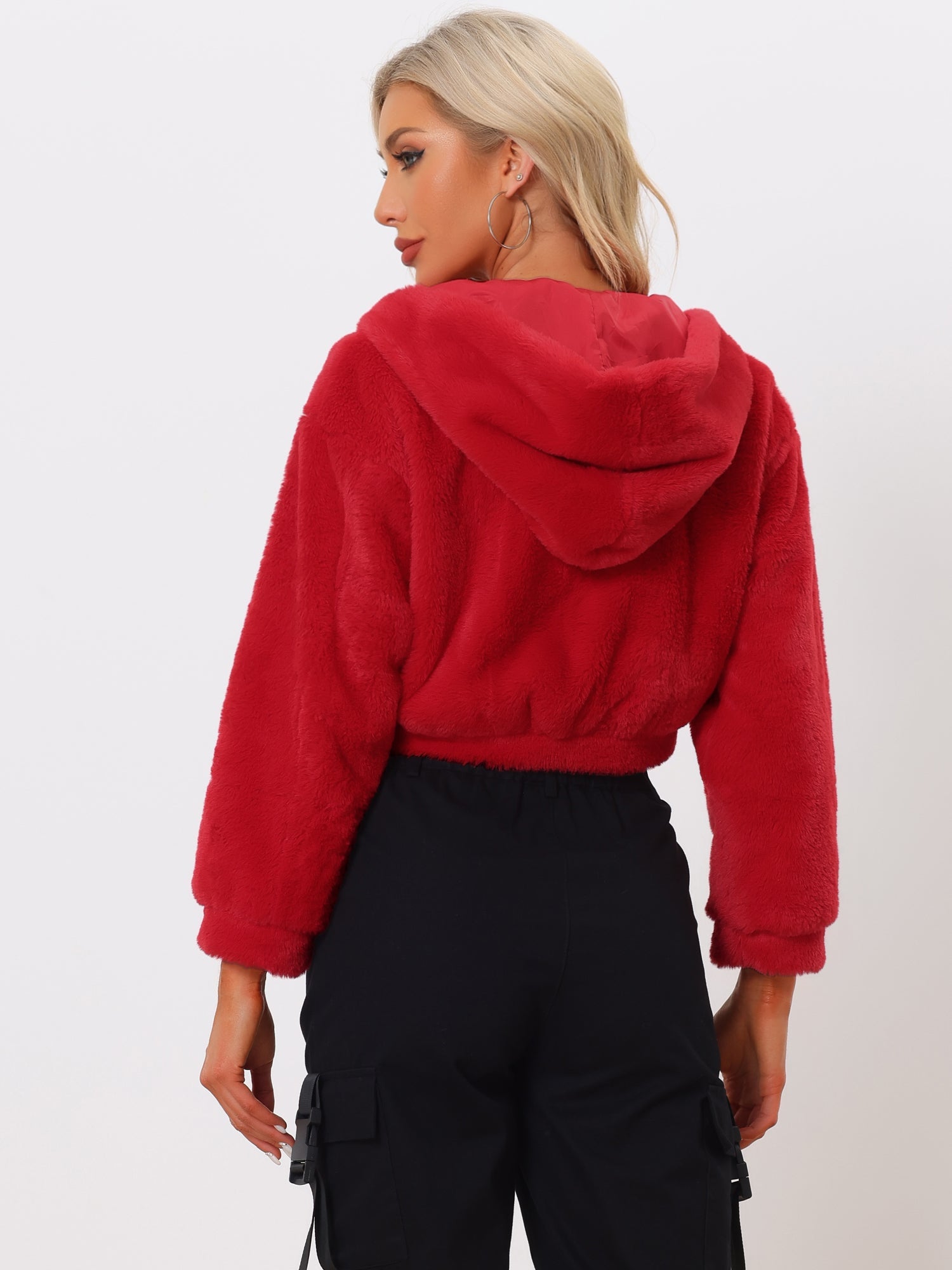 Casual Faux Fur Coat Zip Up Hooded Cropped Fuzzy Fleece Jacket
