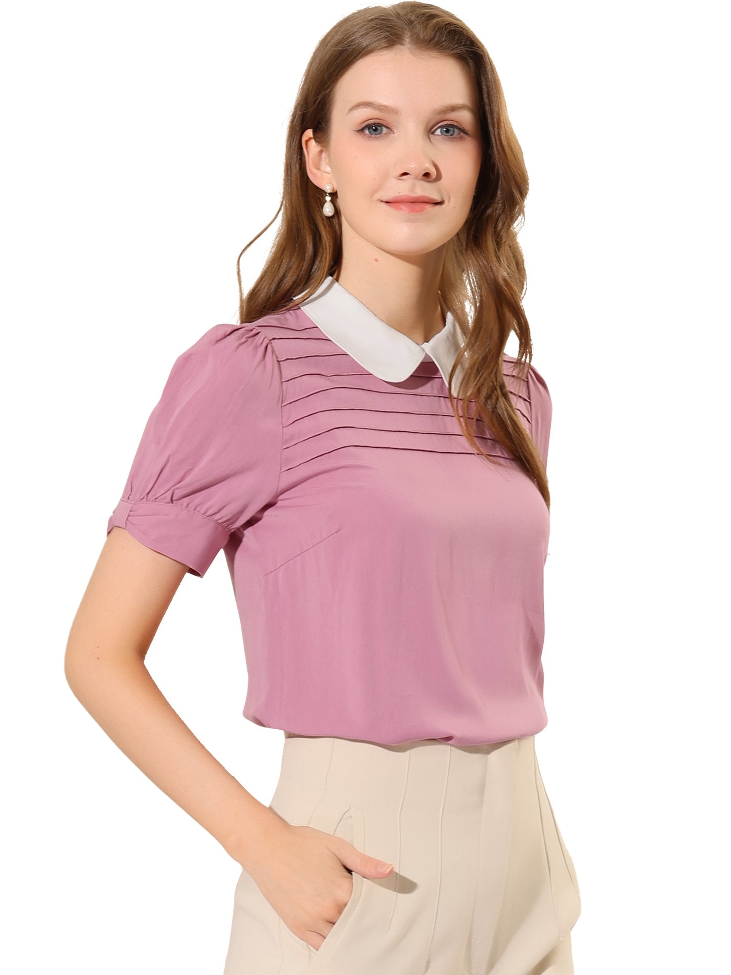 Pleated Contrast Peter Pan Collar Puff Short Sleeve Blouse