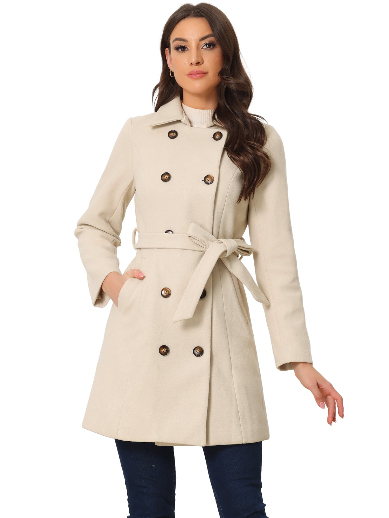 Lapel Double Breasted Slant Pocket Button Belted Pea Coats