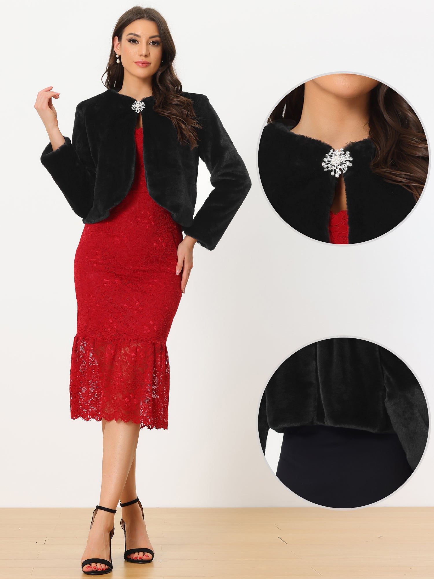 Winter Open Front Long Sleeve Faux Fur Bolero Shrugs Jacket