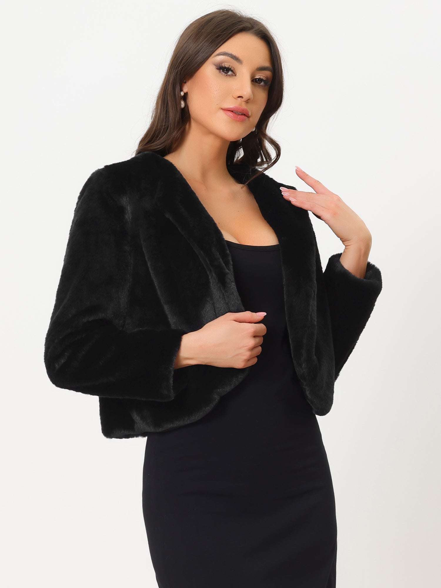 Winter Open Front Long Sleeve Faux Fur Bolero Shrugs Jacket