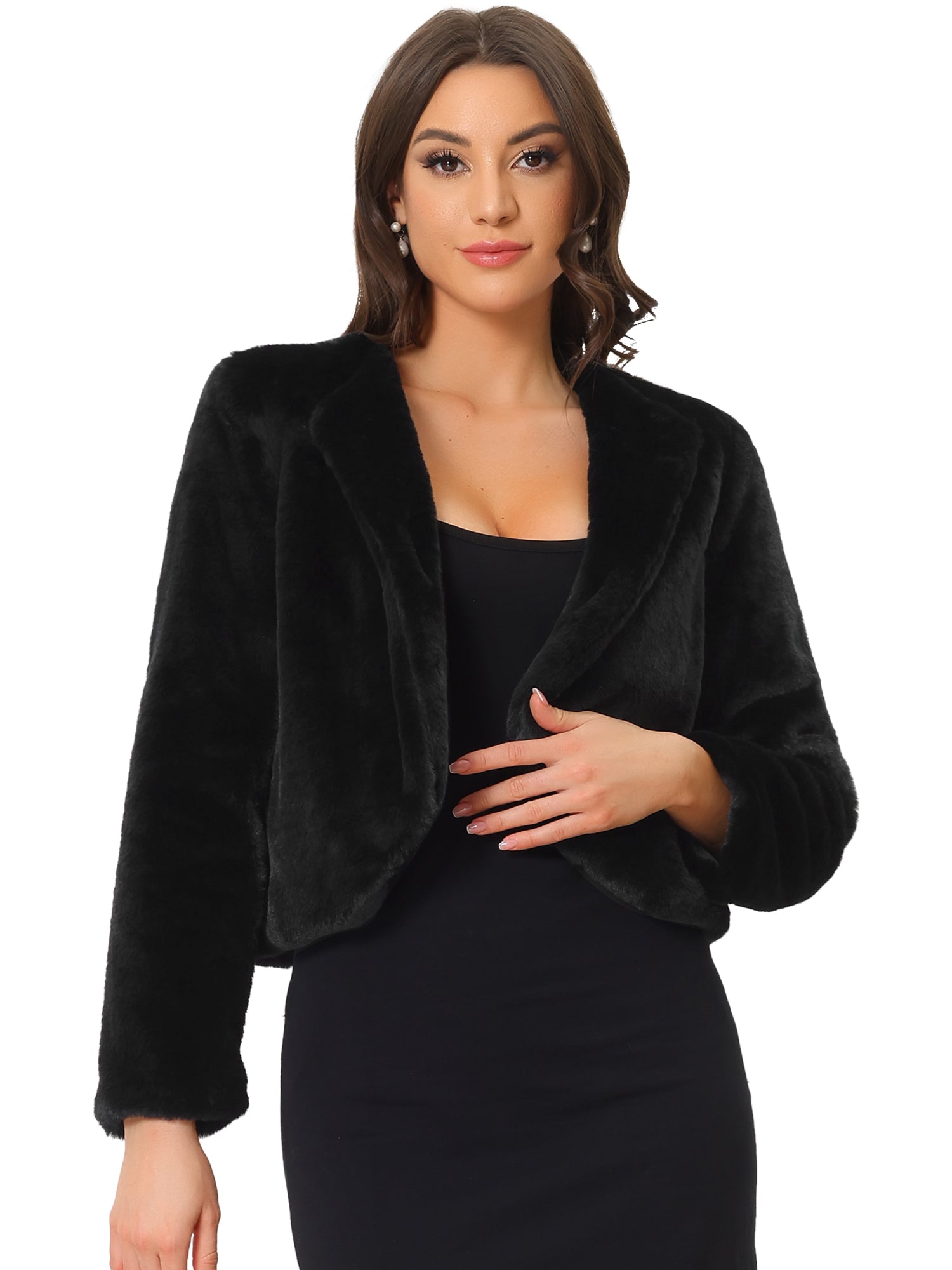 Winter Open Front Long Sleeve Faux Fur Bolero Shrugs Jacket