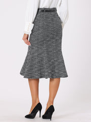 Plaid Belted Fishtail Bodycon Tweed Midi Skirt